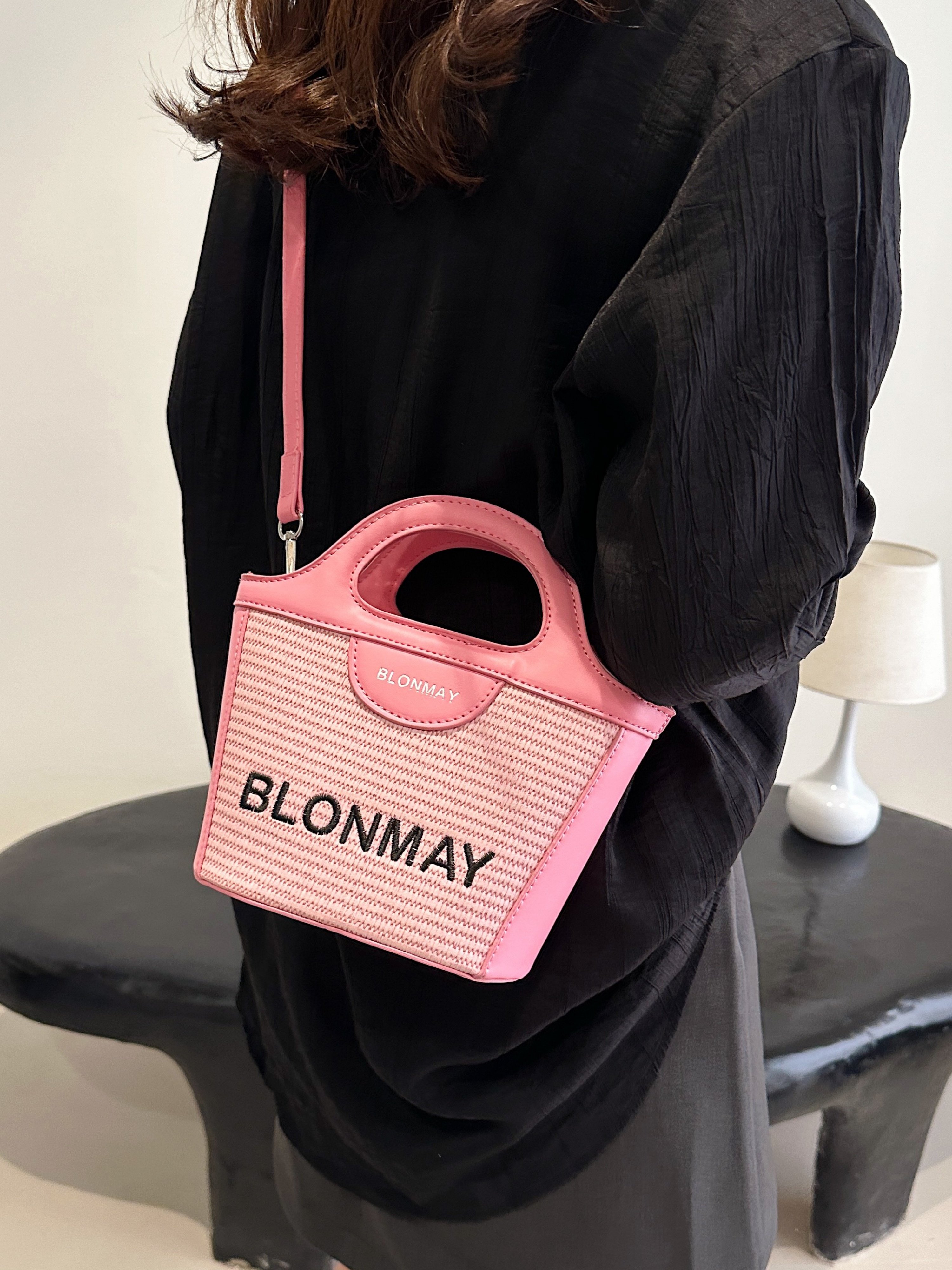 Pink Woven Tote Crossbody Bag