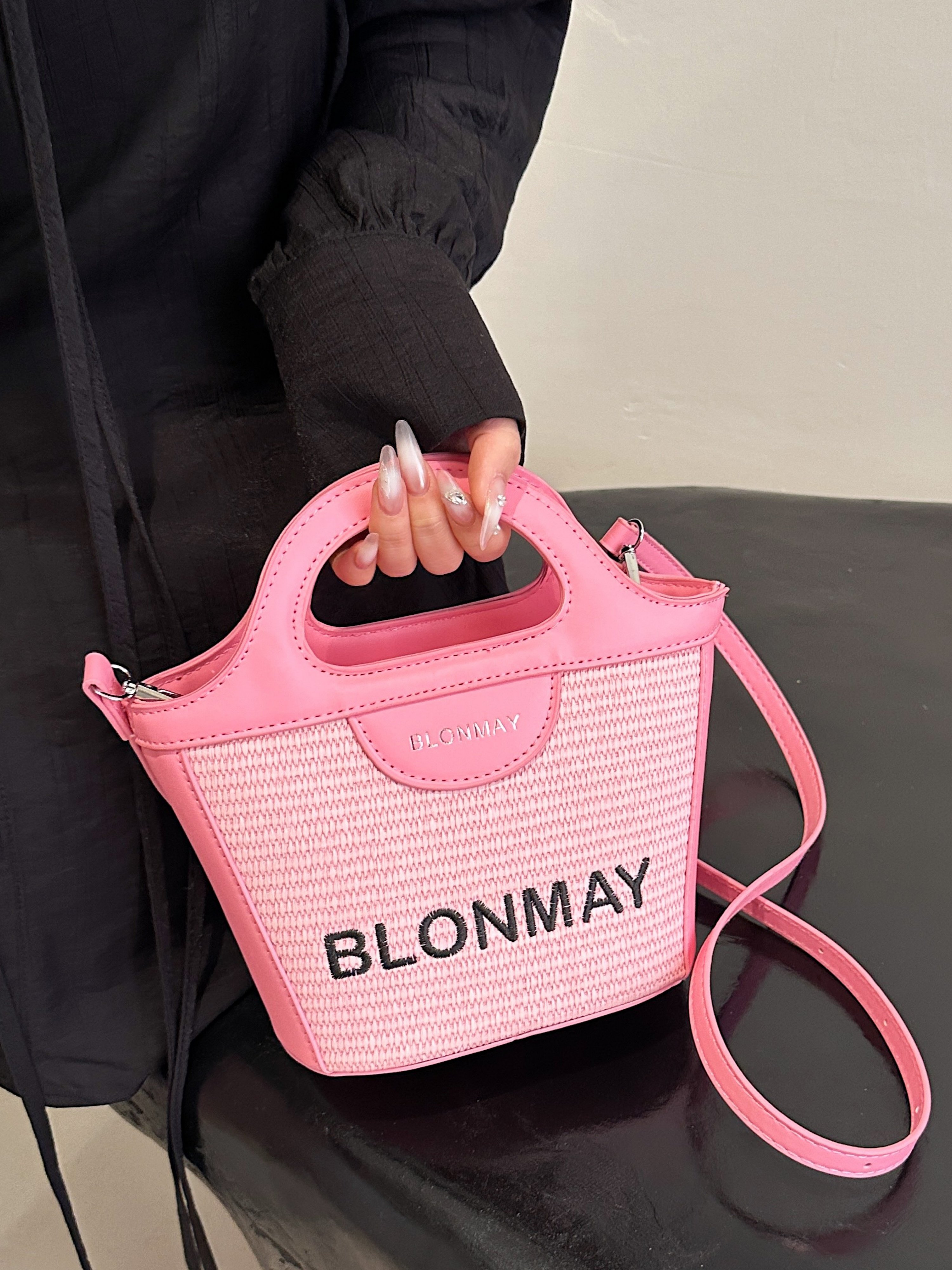 Pink Woven Tote Crossbody Bag