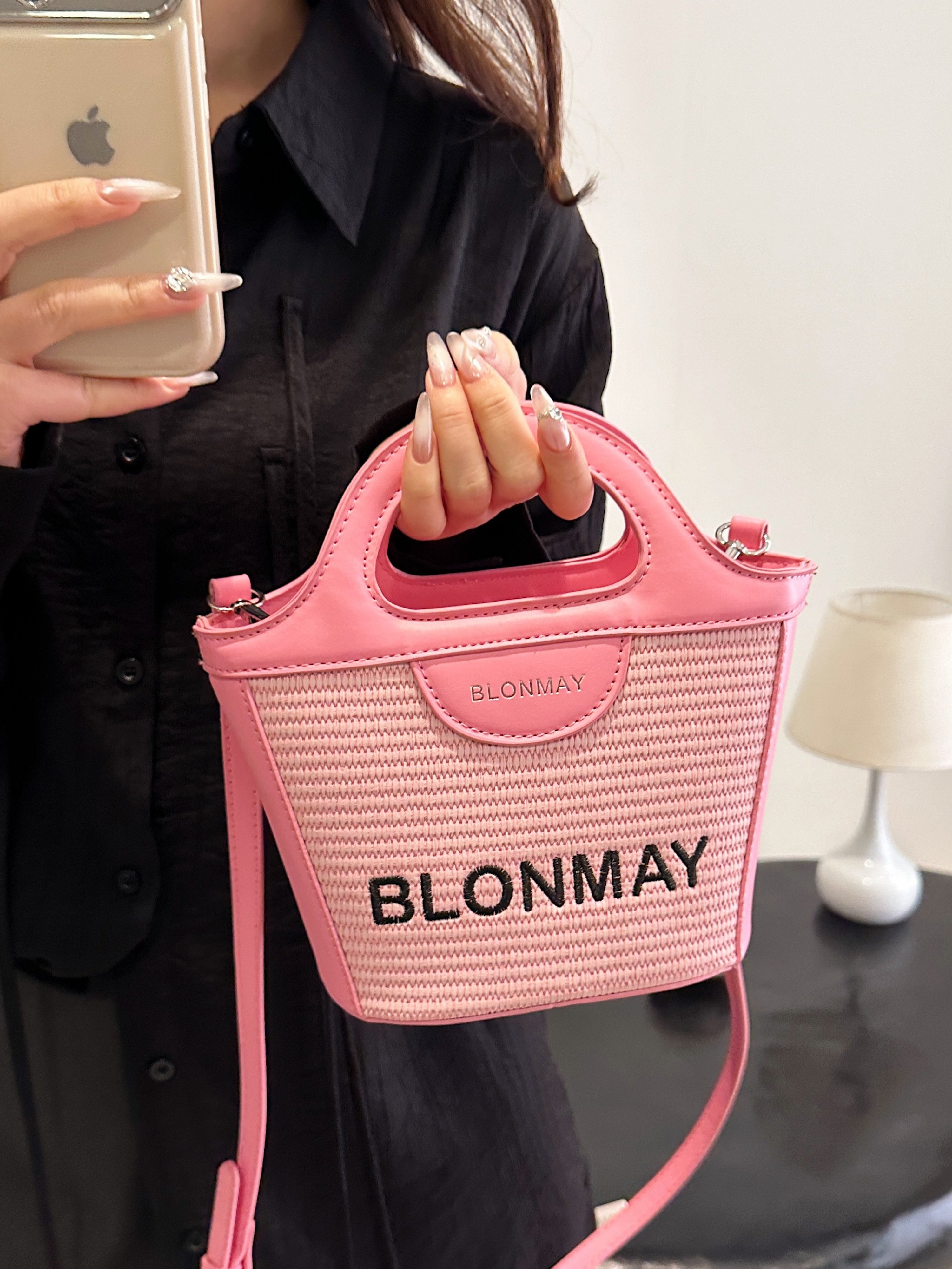 Pink Woven Tote Crossbody Bag