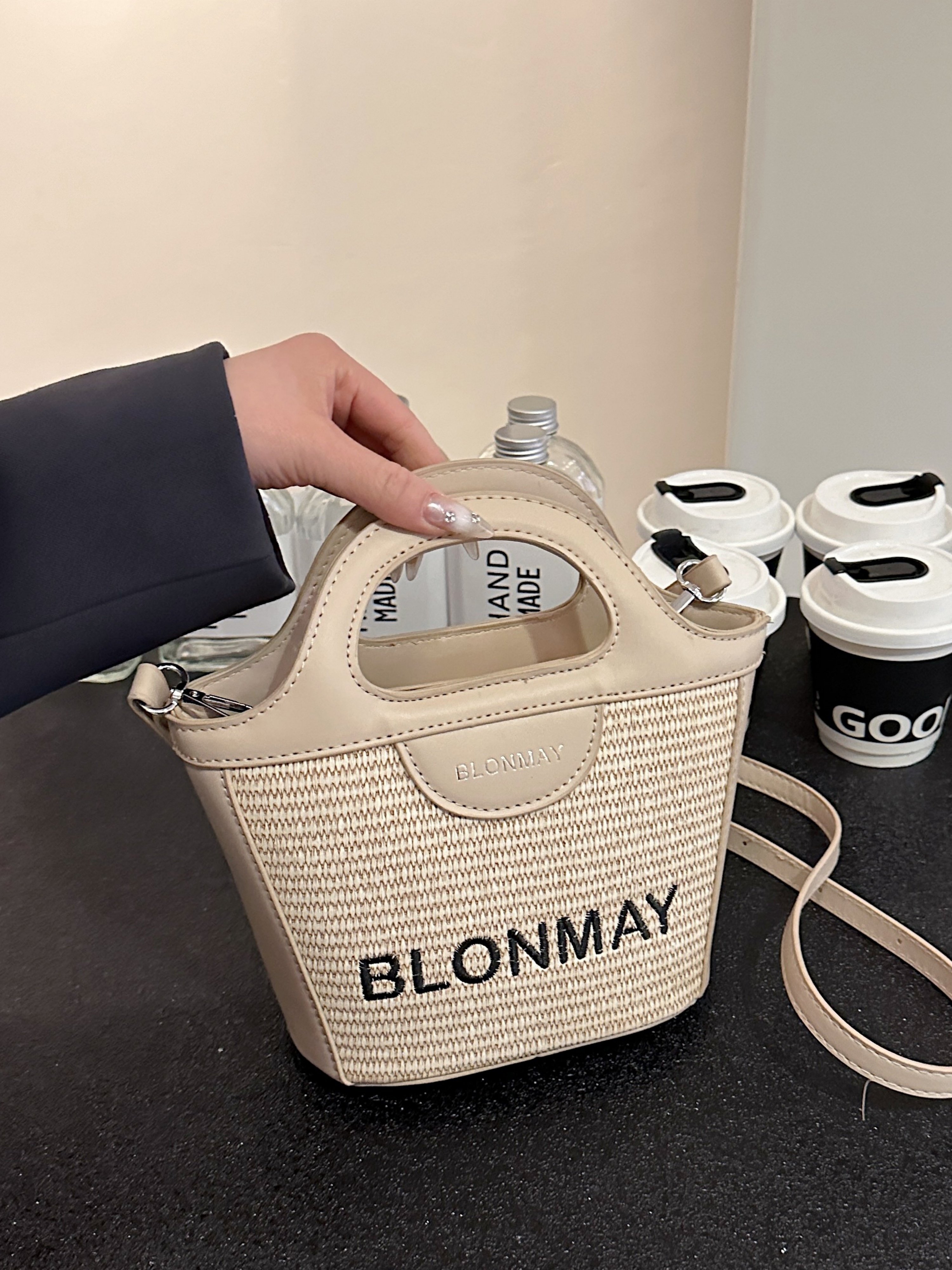 Khaki Woven Mini Tote Crossbody Bag