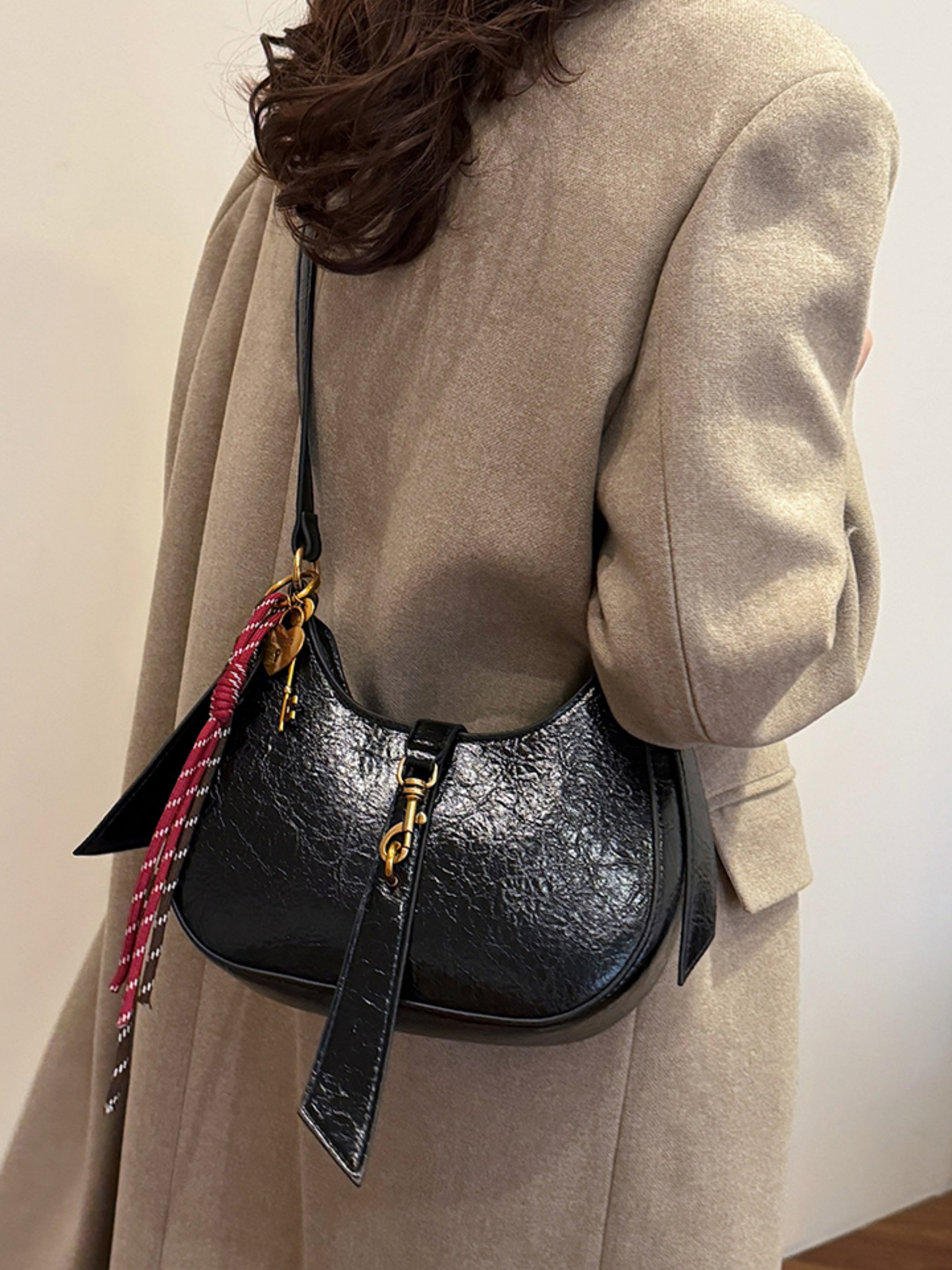 Black Croc-Effect Crossbody Bag with Charm
