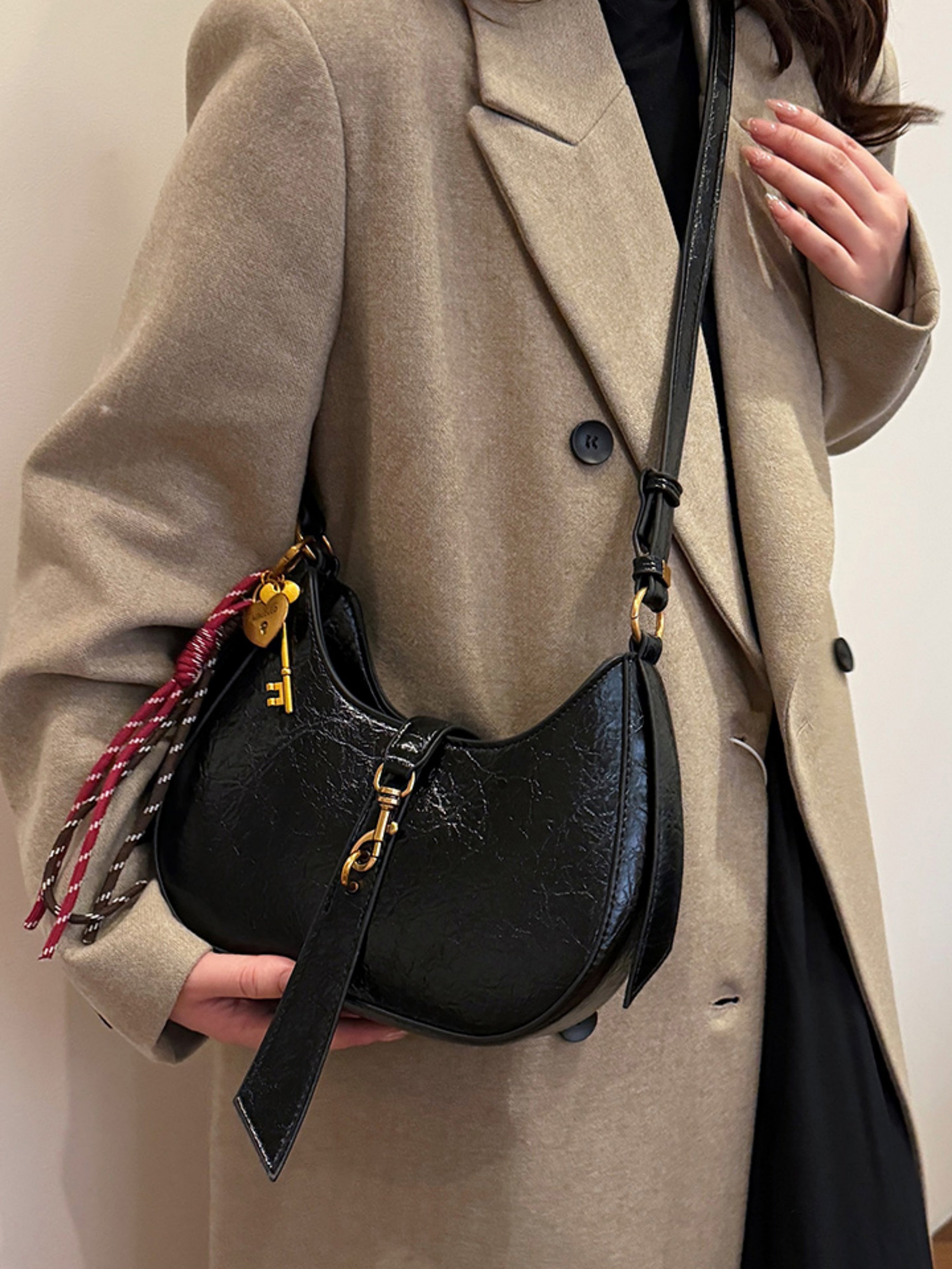 Black Croc-Effect Crossbody Bag with Charm