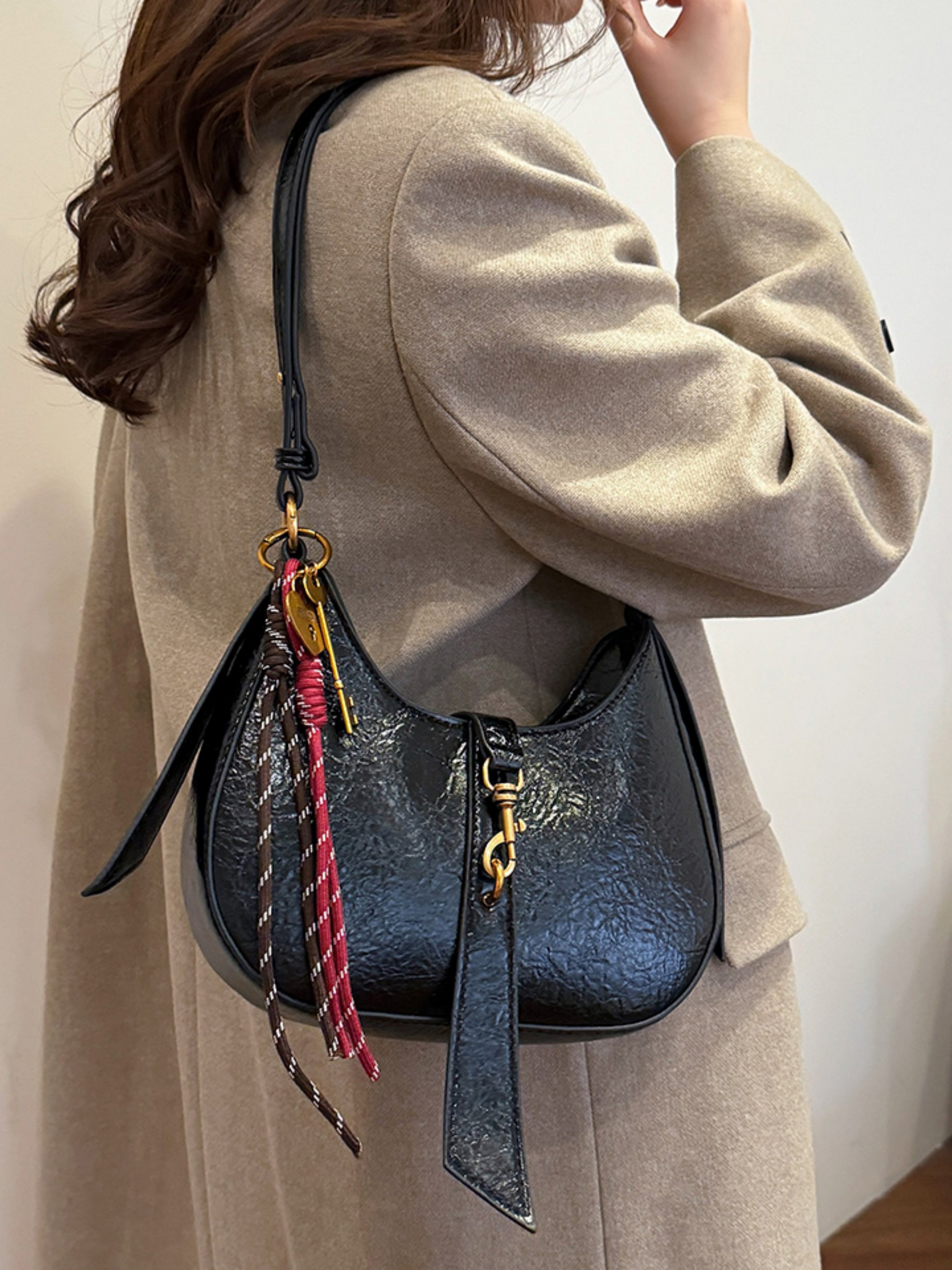 Black Croc-Effect Crossbody Bag with Charm