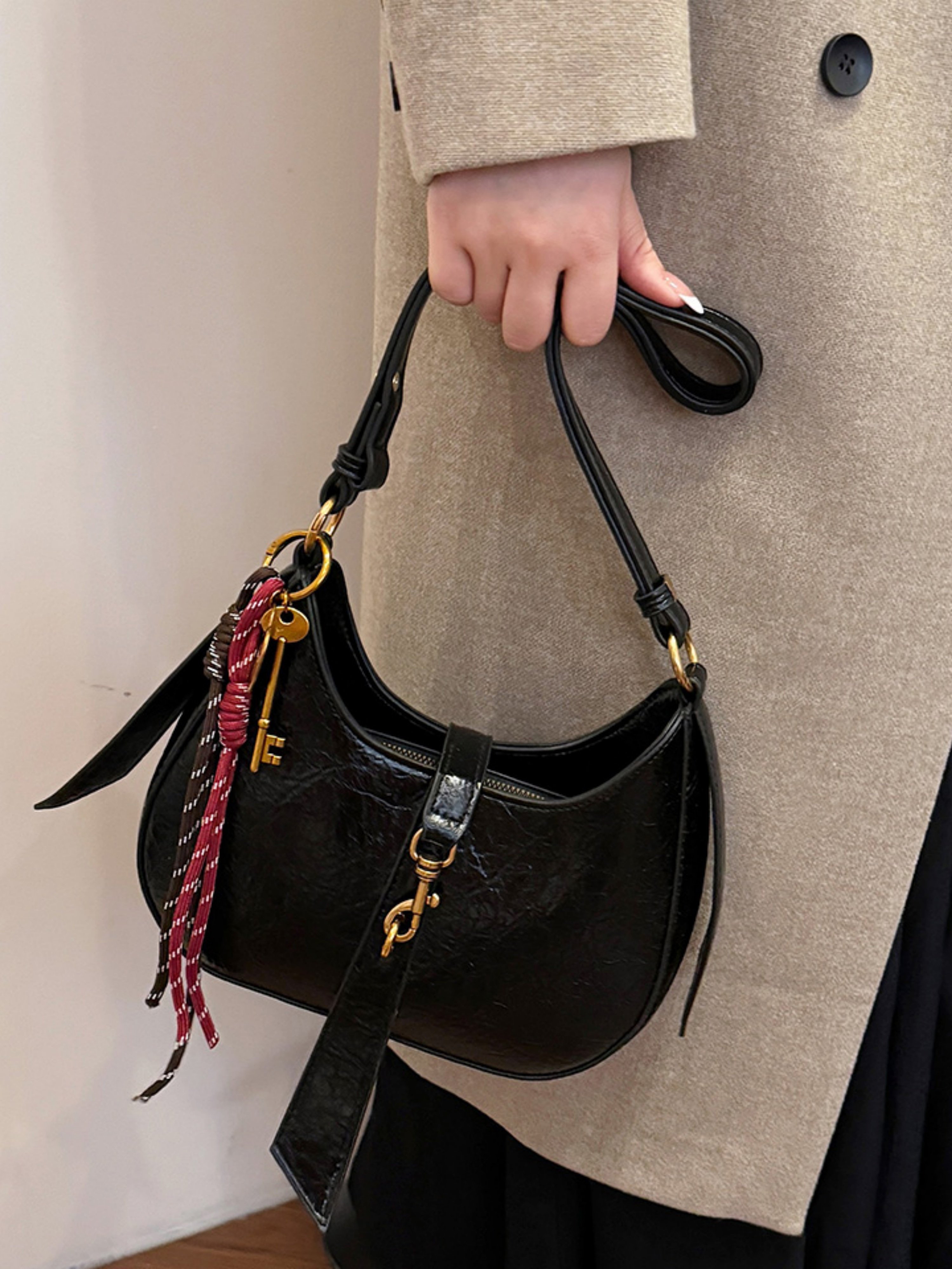 Black Croc-Effect Crossbody Bag with Charm