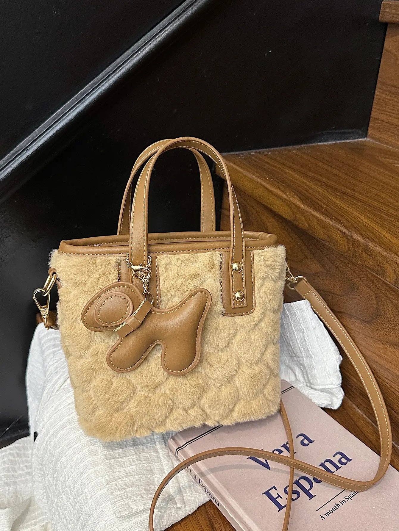 Fuzzy Faux Fur Crossbody Bag with Charm