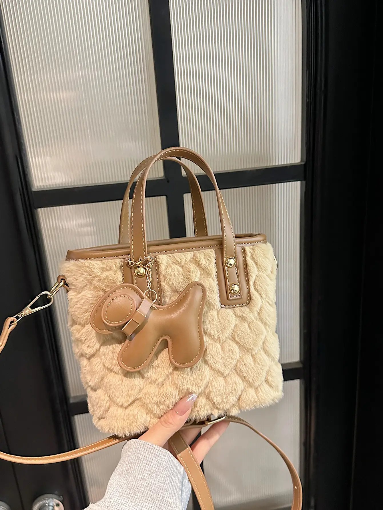 Fuzzy Faux Fur Crossbody Bag with Charm