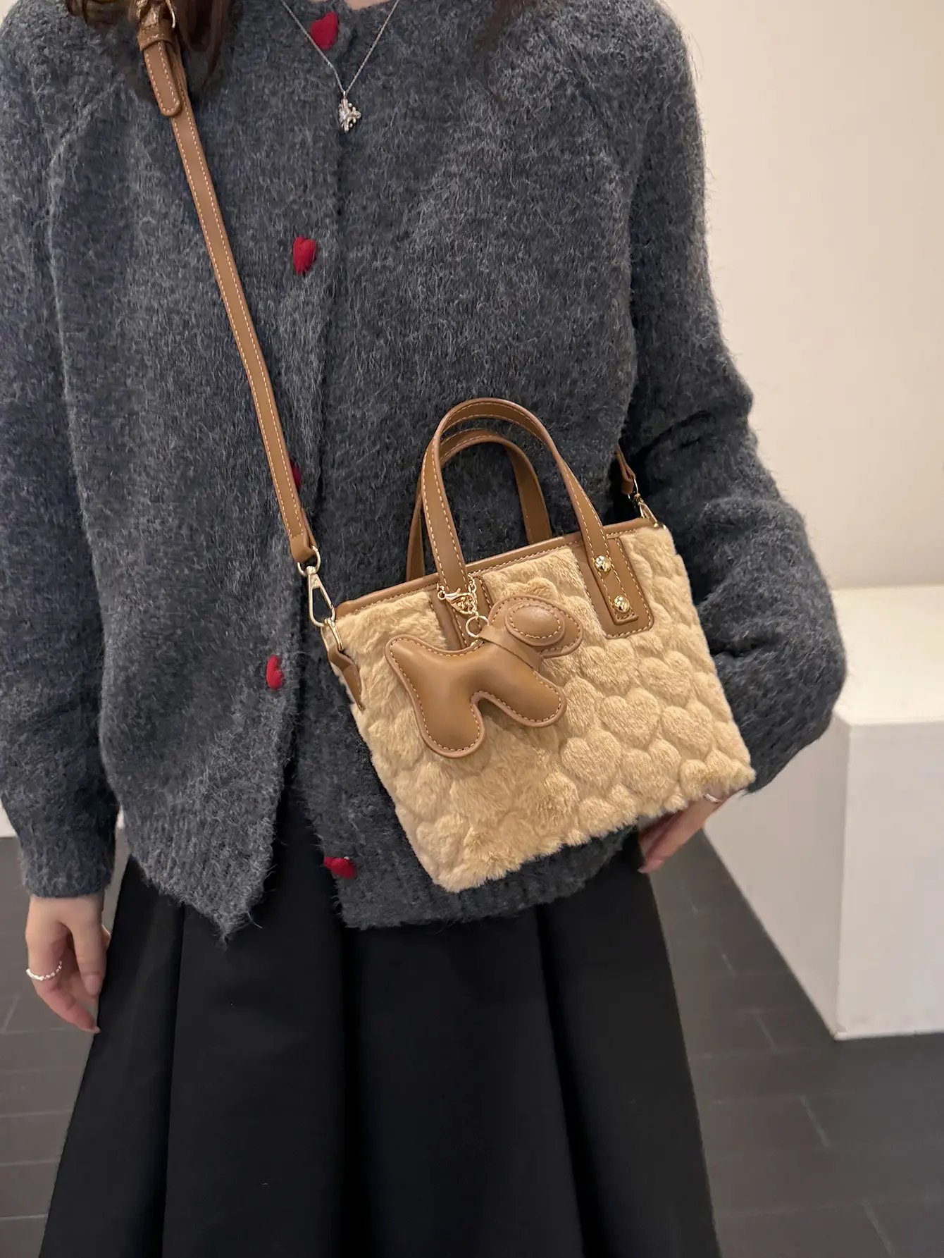 Fuzzy Faux Fur Crossbody Bag with Charm