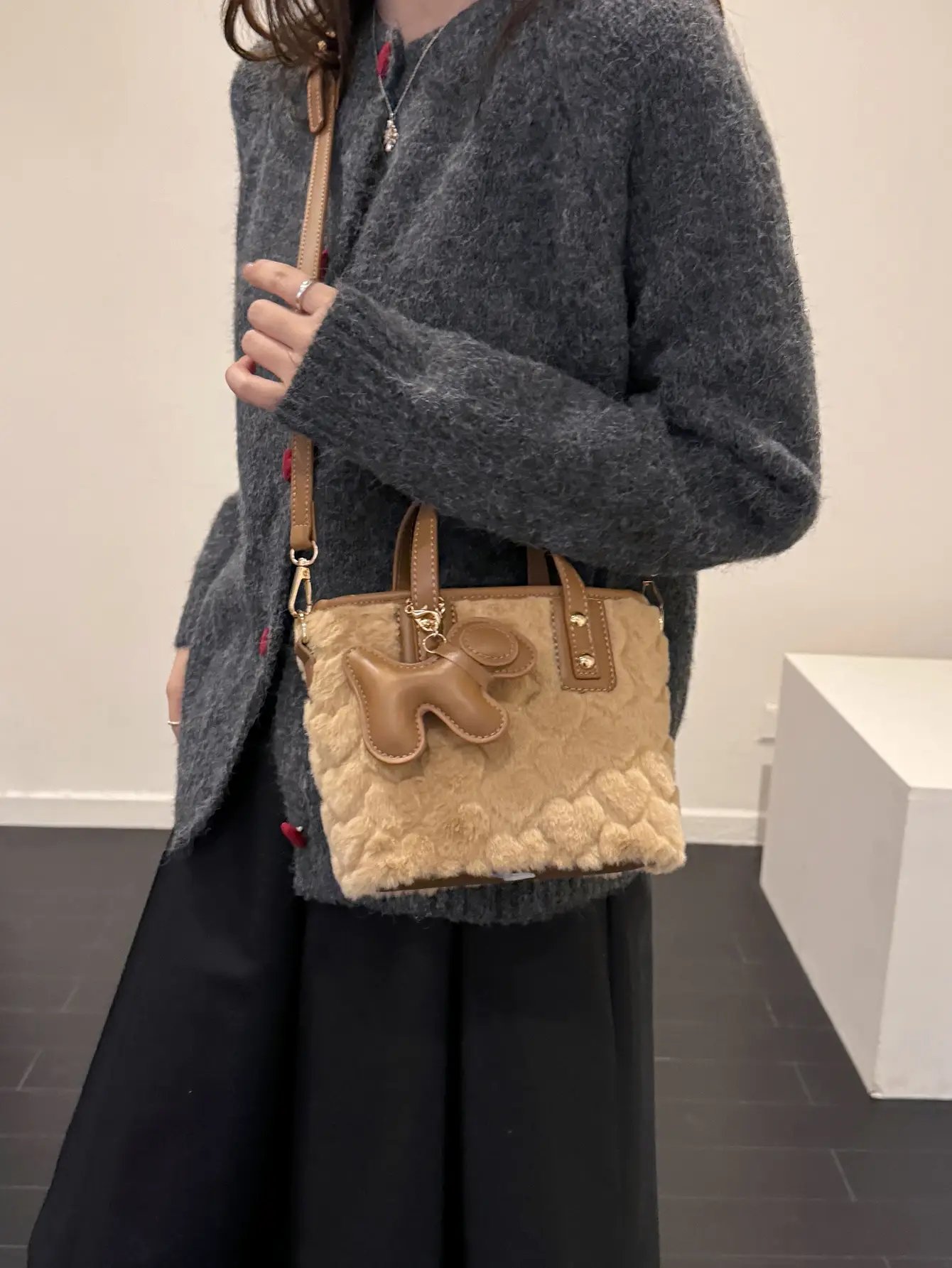 Fuzzy Faux Fur Crossbody Bag with Charm
