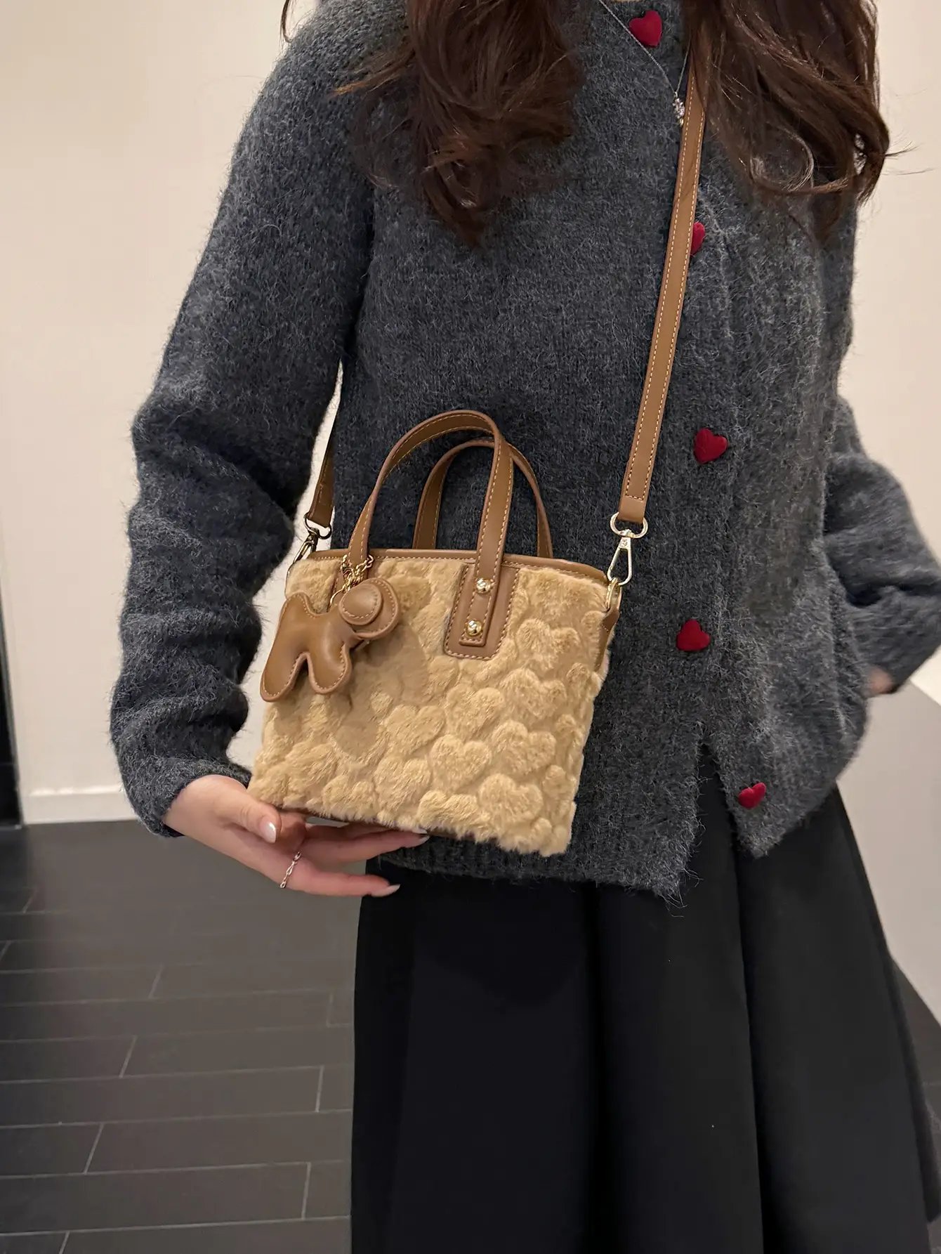 Fuzzy Faux Fur Crossbody Bag with Charm