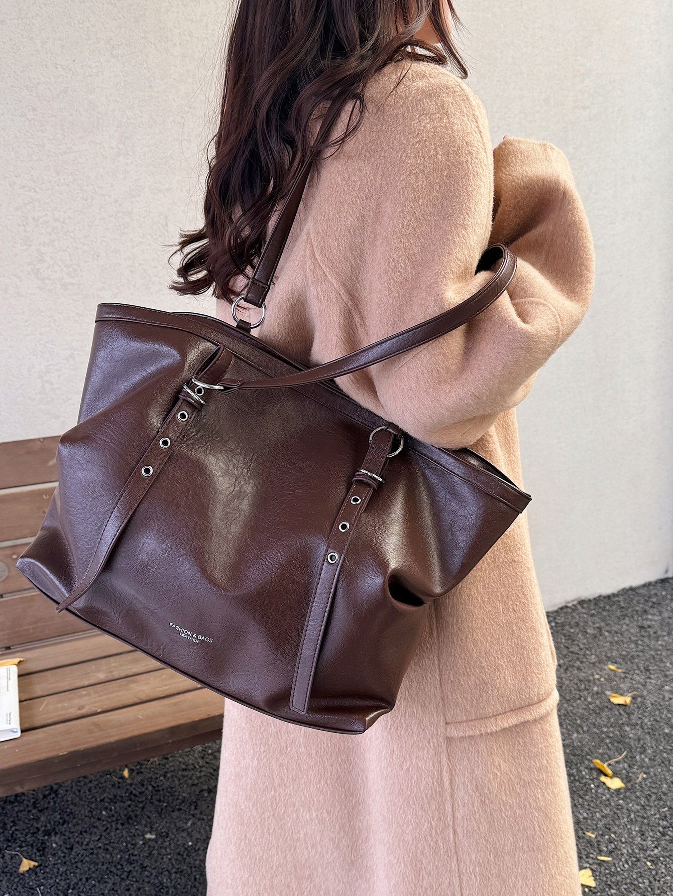 Coffee Brown Faux Leather Shoulder Bag