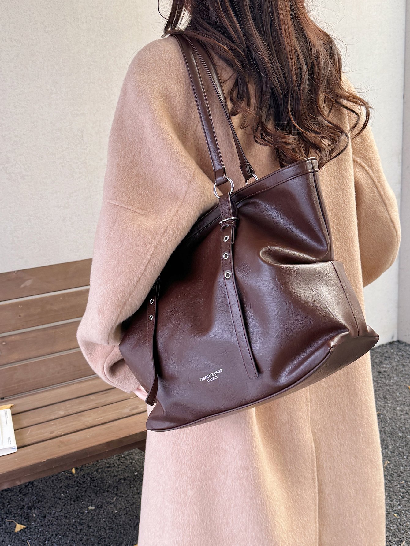 Coffee Brown Faux Leather Shoulder Bag