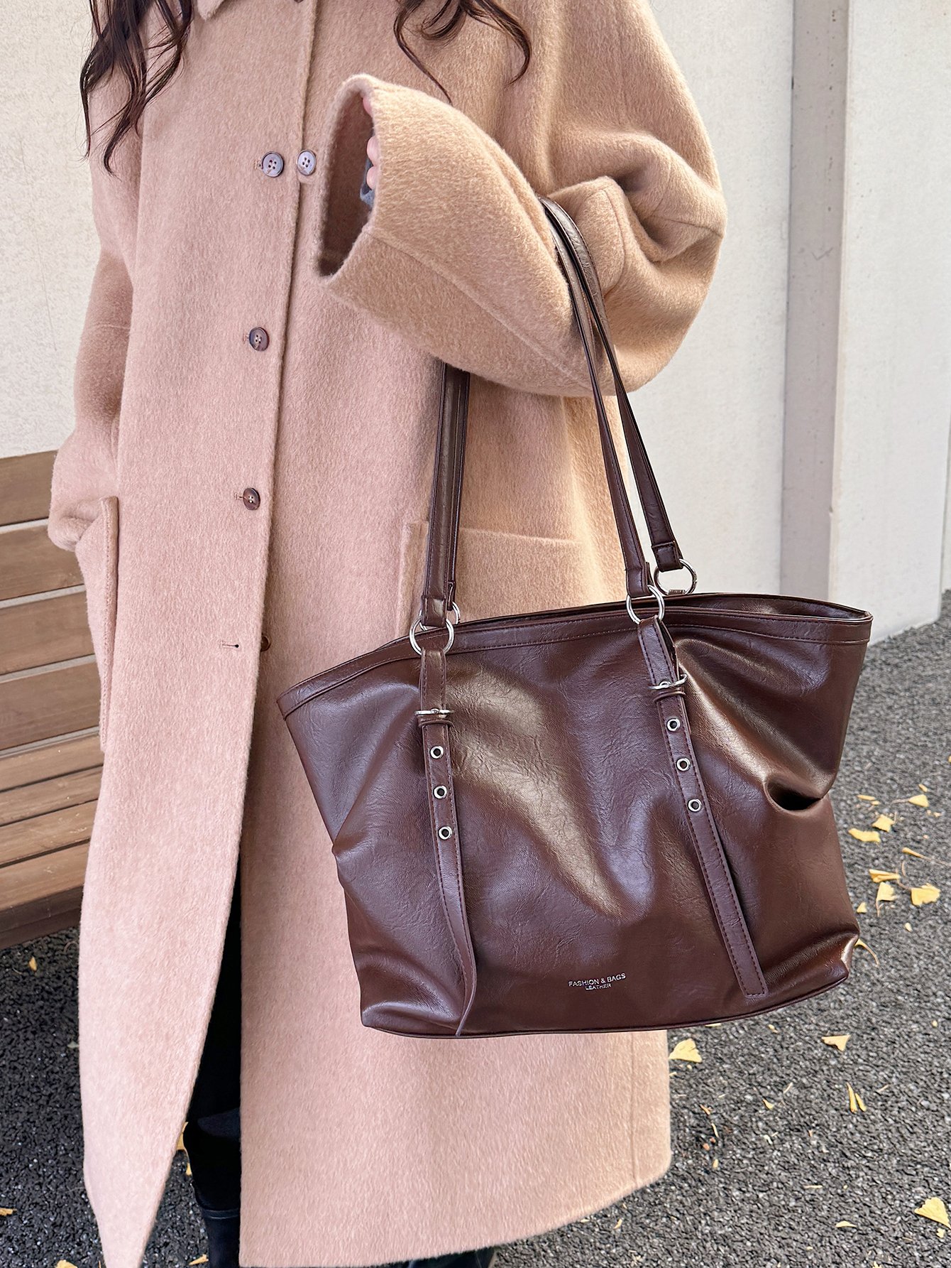Coffee Brown Faux Leather Shoulder Bag