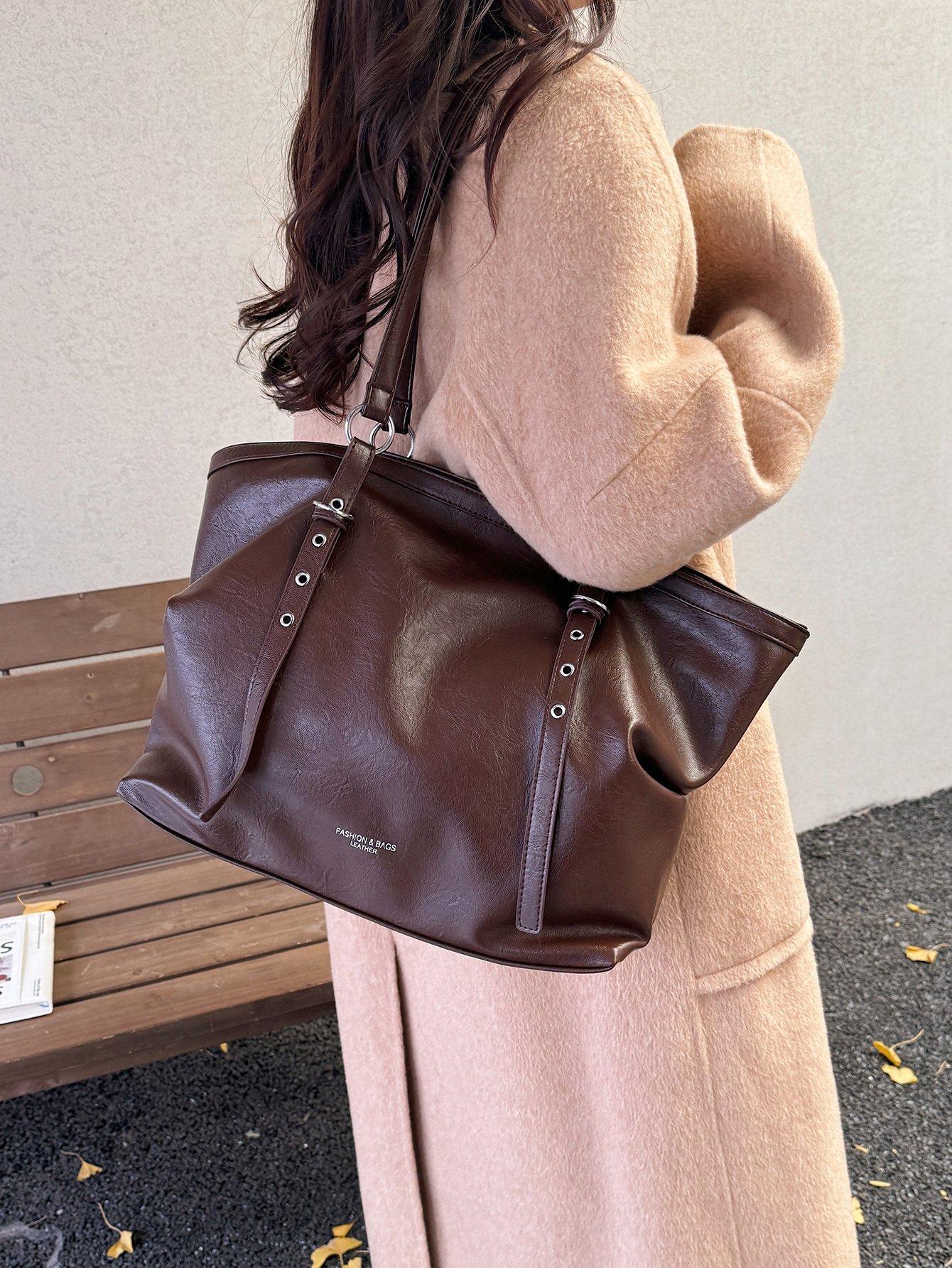 Coffee Brown Faux Leather Shoulder Bag