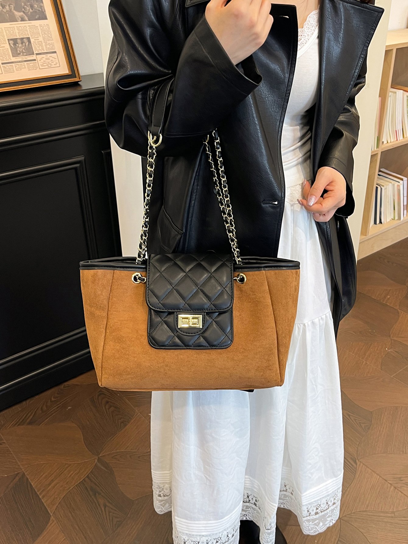 Brown Suede Look and Quilted Shoulder Bag