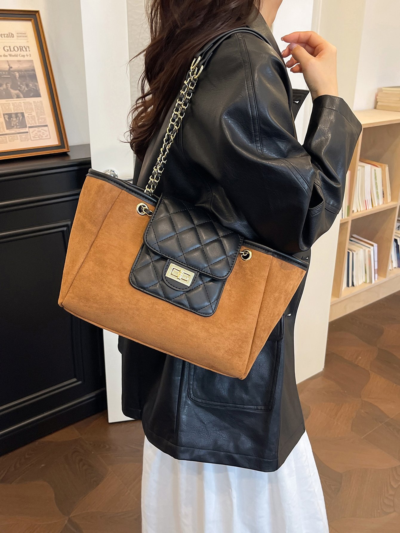 Brown Suede Look and Quilted Shoulder Bag
