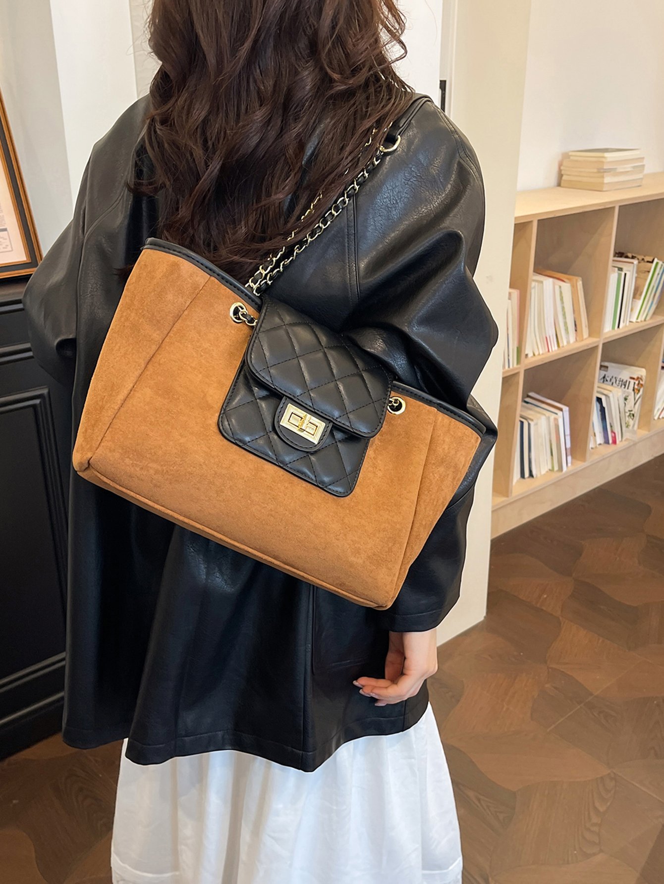 Brown Suede Look and Quilted Shoulder Bag