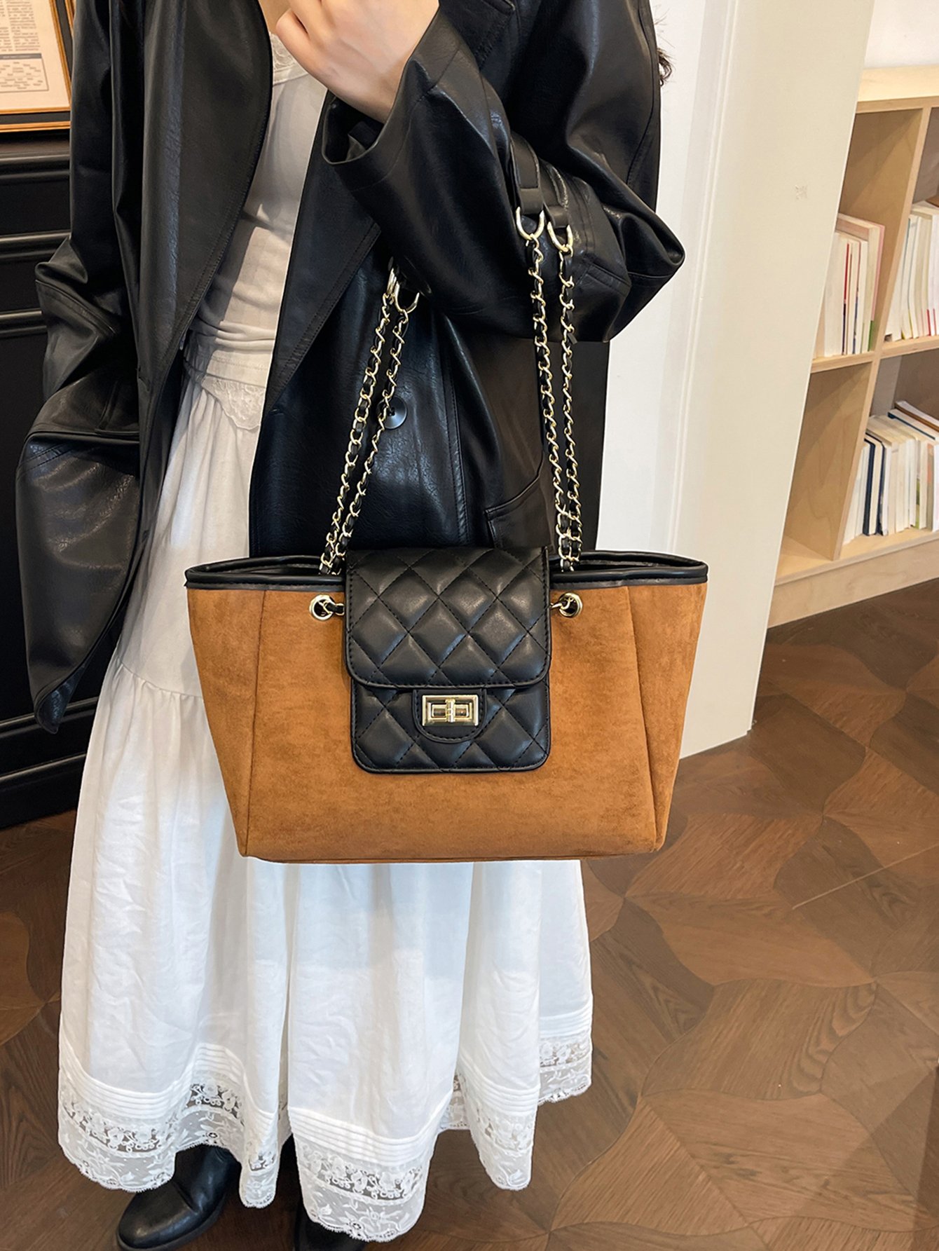Brown Suede Look and Quilted Shoulder Bag