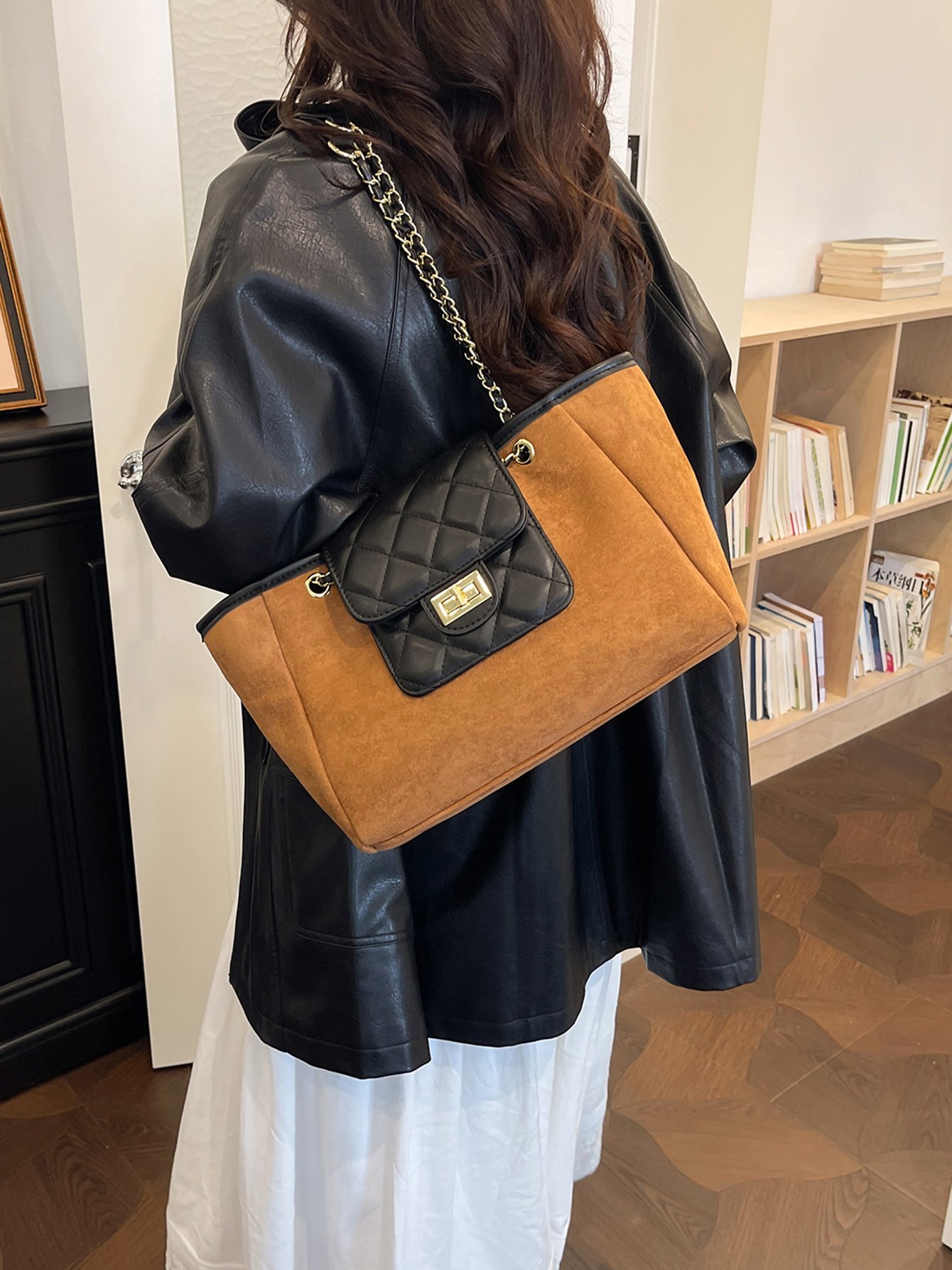 Brown Suede Look and Quilted Shoulder Bag