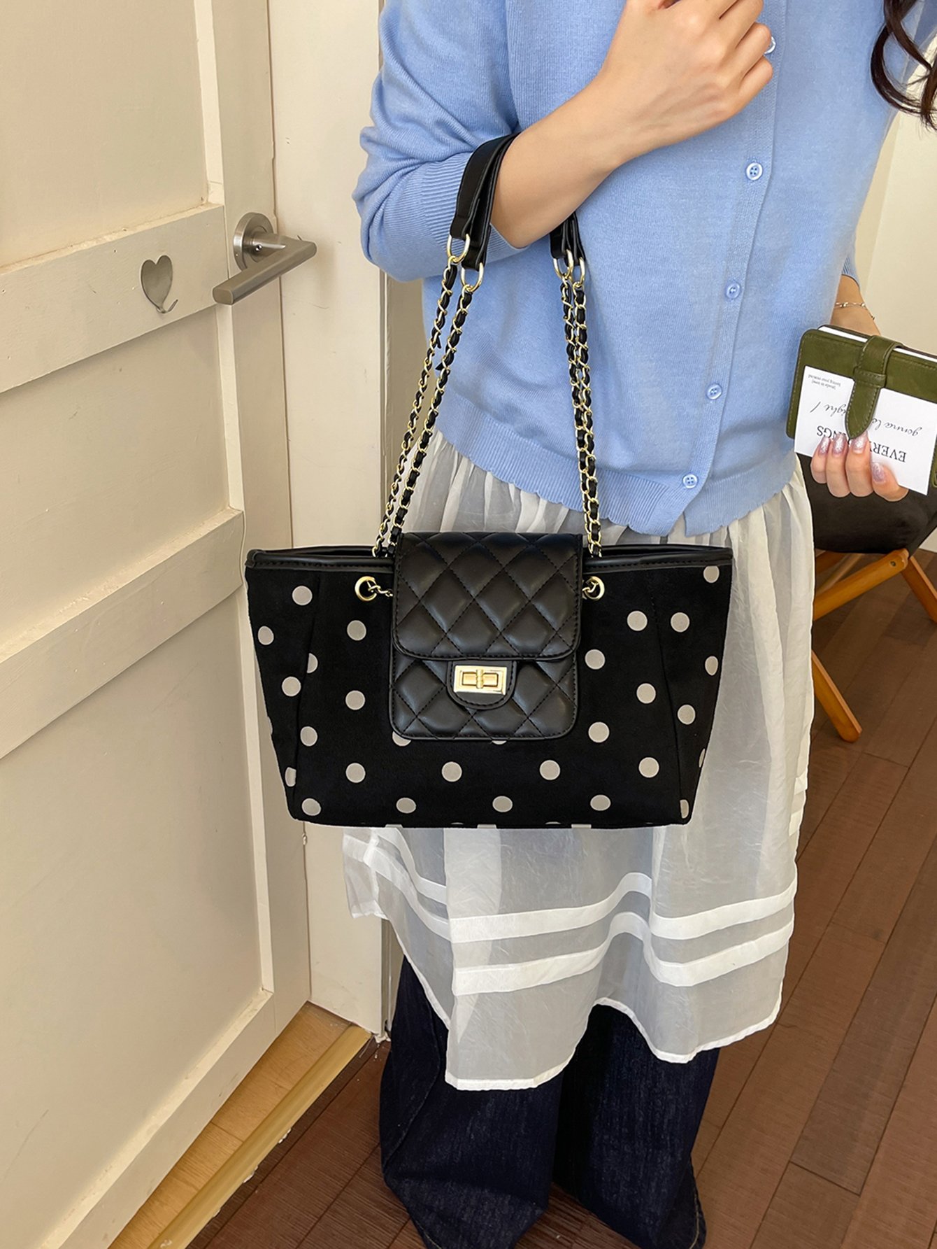 Charcoal Polka Dot Quilted Shoulder Bag with Chain Strap
