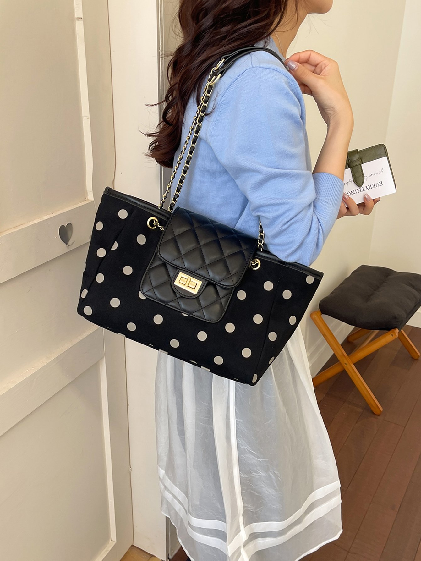 Charcoal Polka Dot Quilted Shoulder Bag with Chain Strap