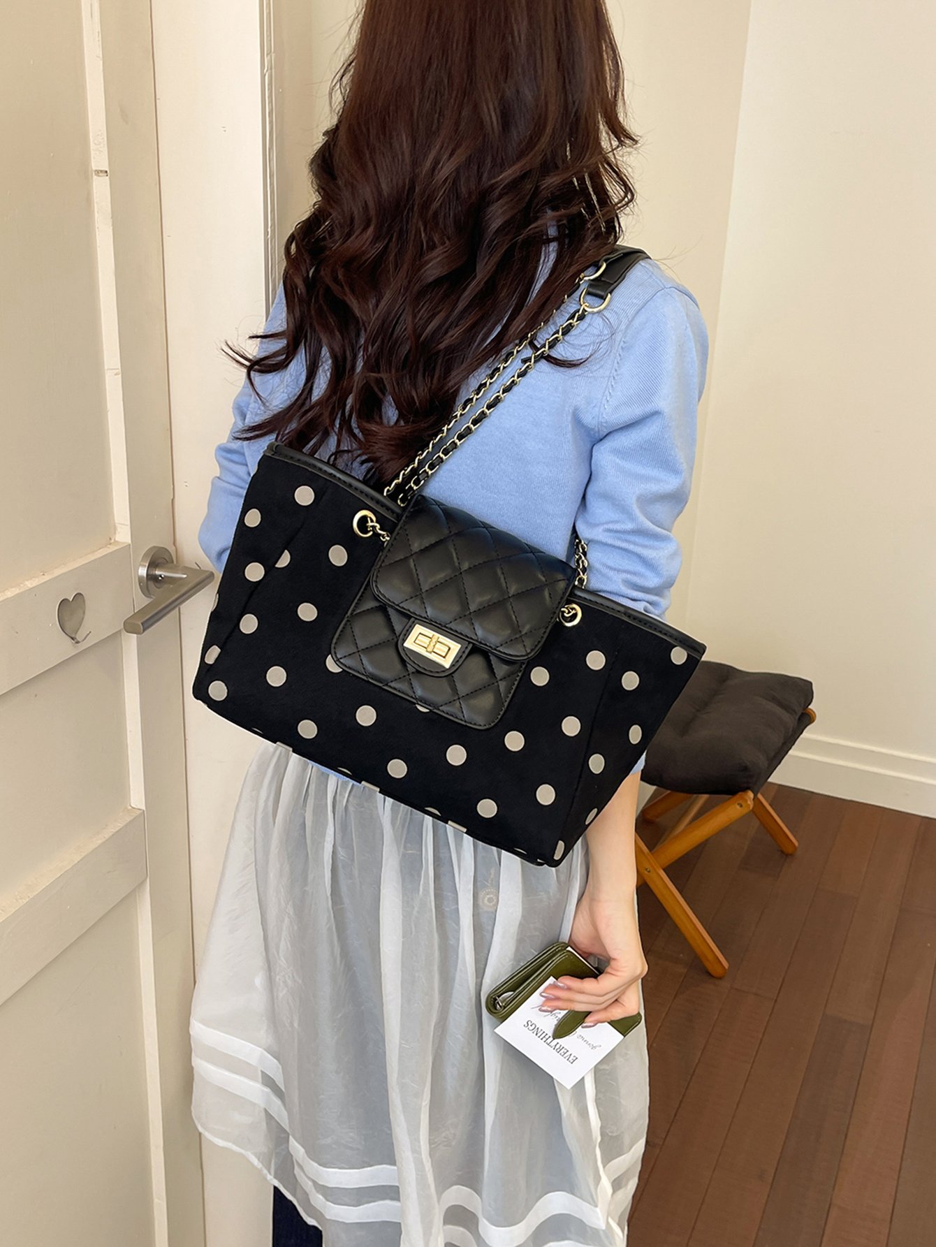 Charcoal Polka Dot Quilted Shoulder Bag with Chain Strap
