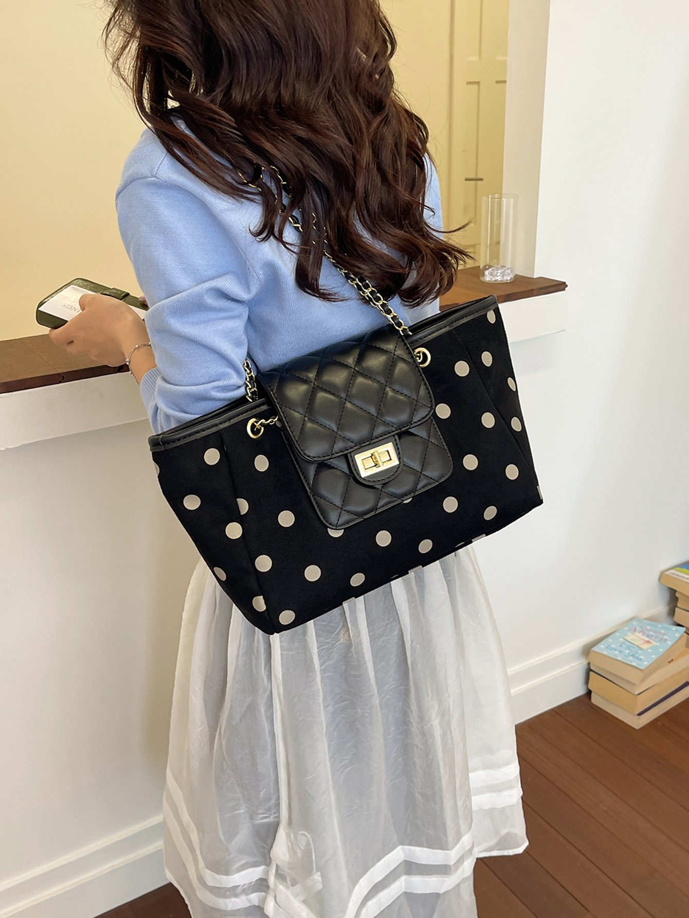 Charcoal Polka Dot Quilted Shoulder Bag with Chain Strap