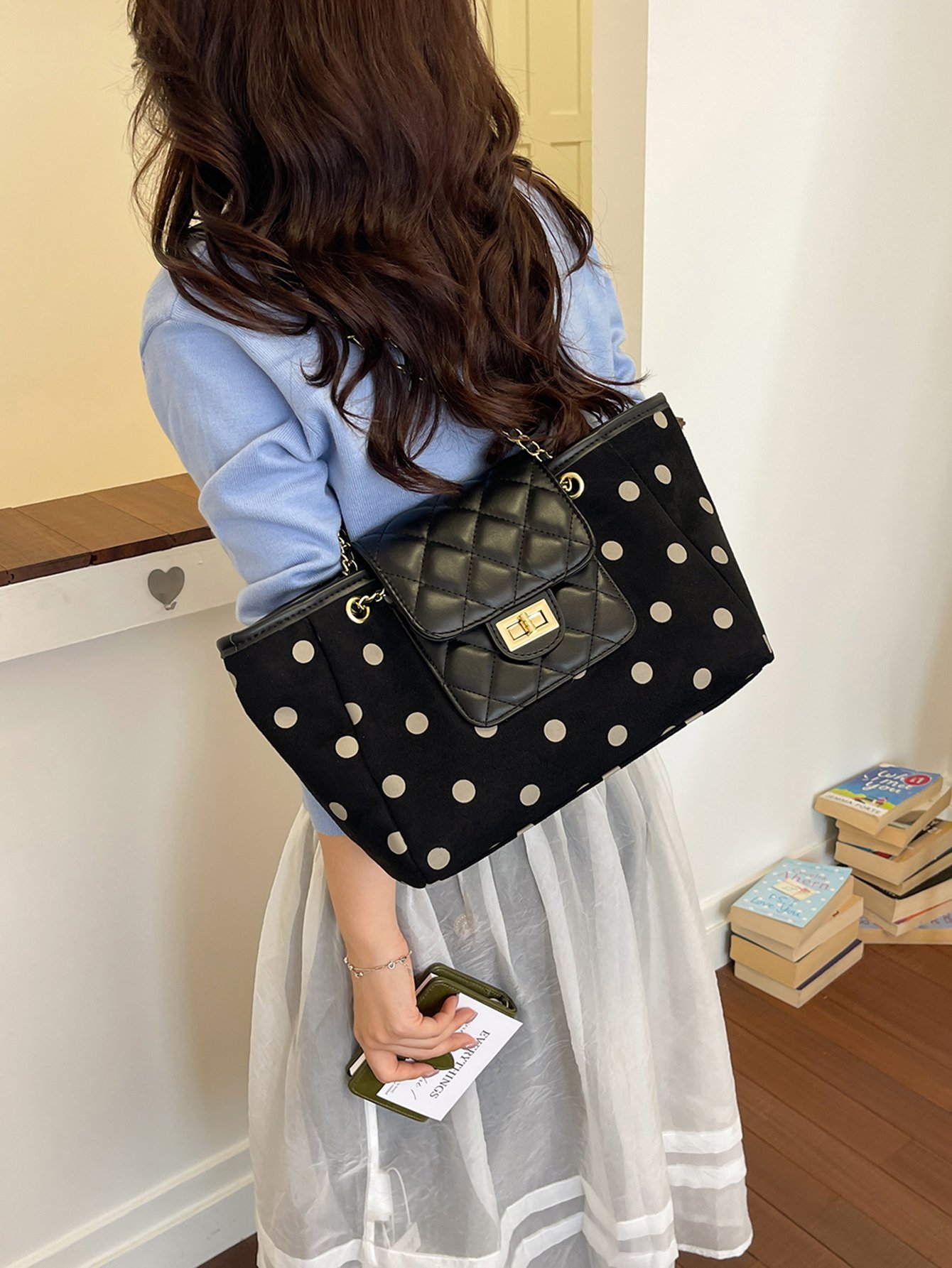 Charcoal Polka Dot Quilted Shoulder Bag with Chain Strap