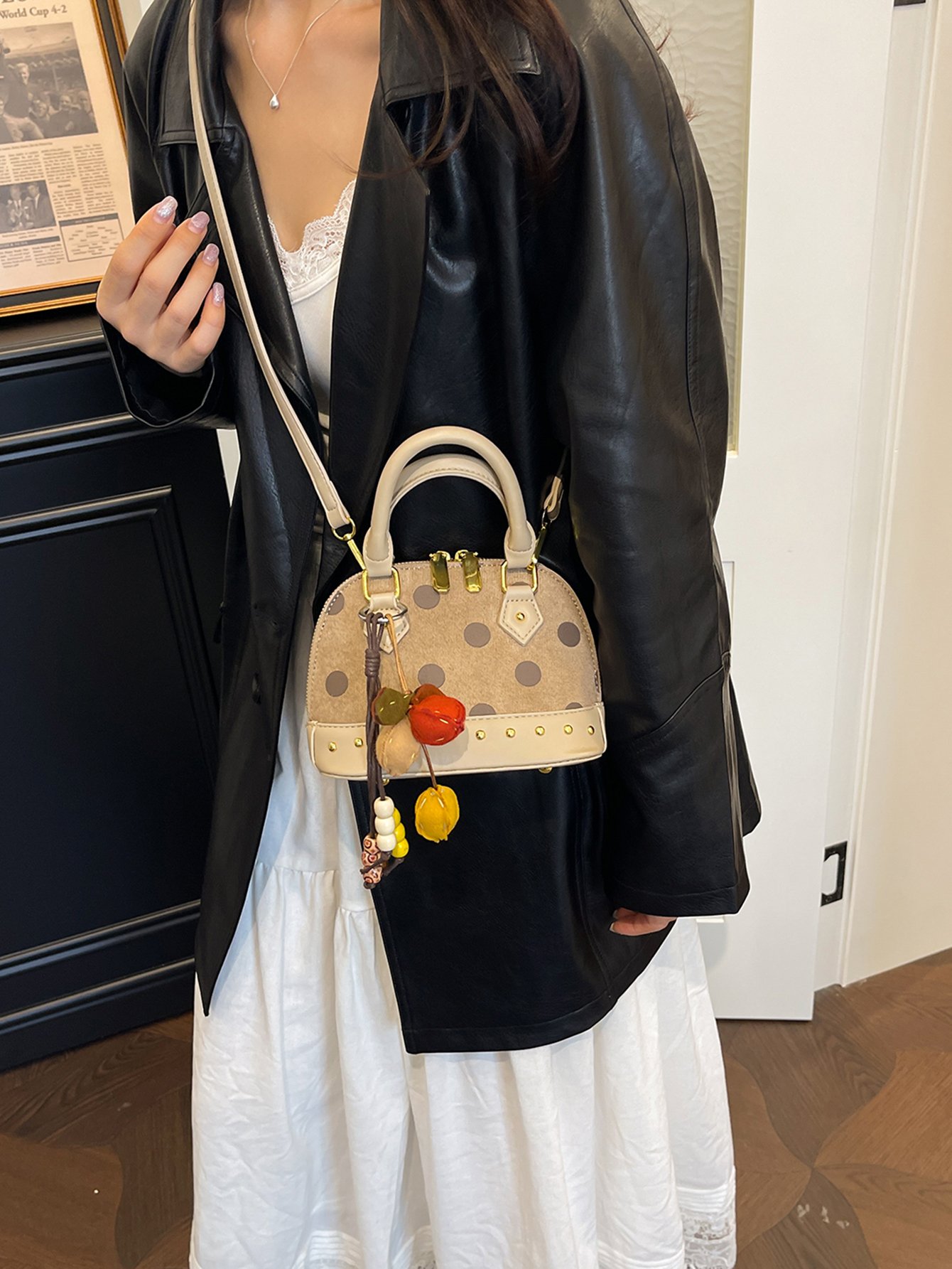 Beige Polka Dot Crossbody Bag with Charm