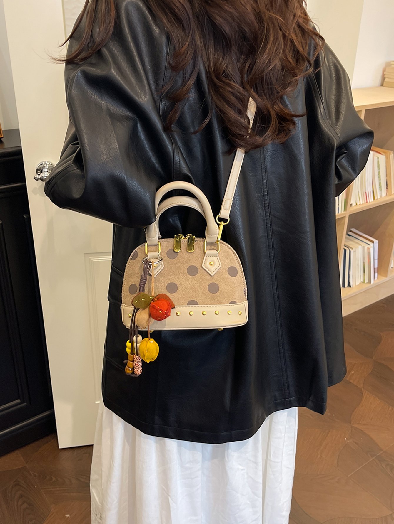 Beige Polka Dot Crossbody Bag with Charm