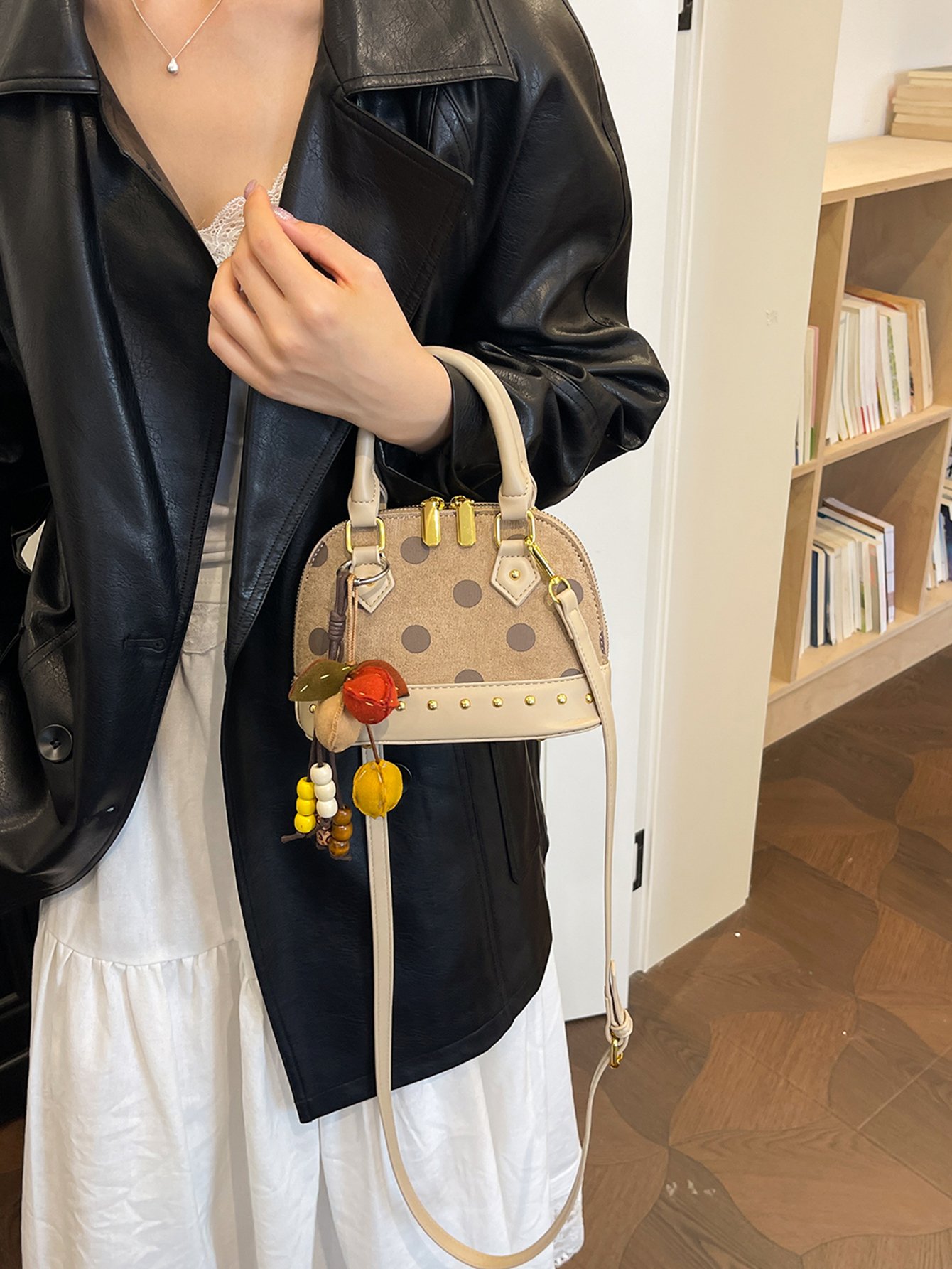 Beige Polka Dot Crossbody Bag with Charm