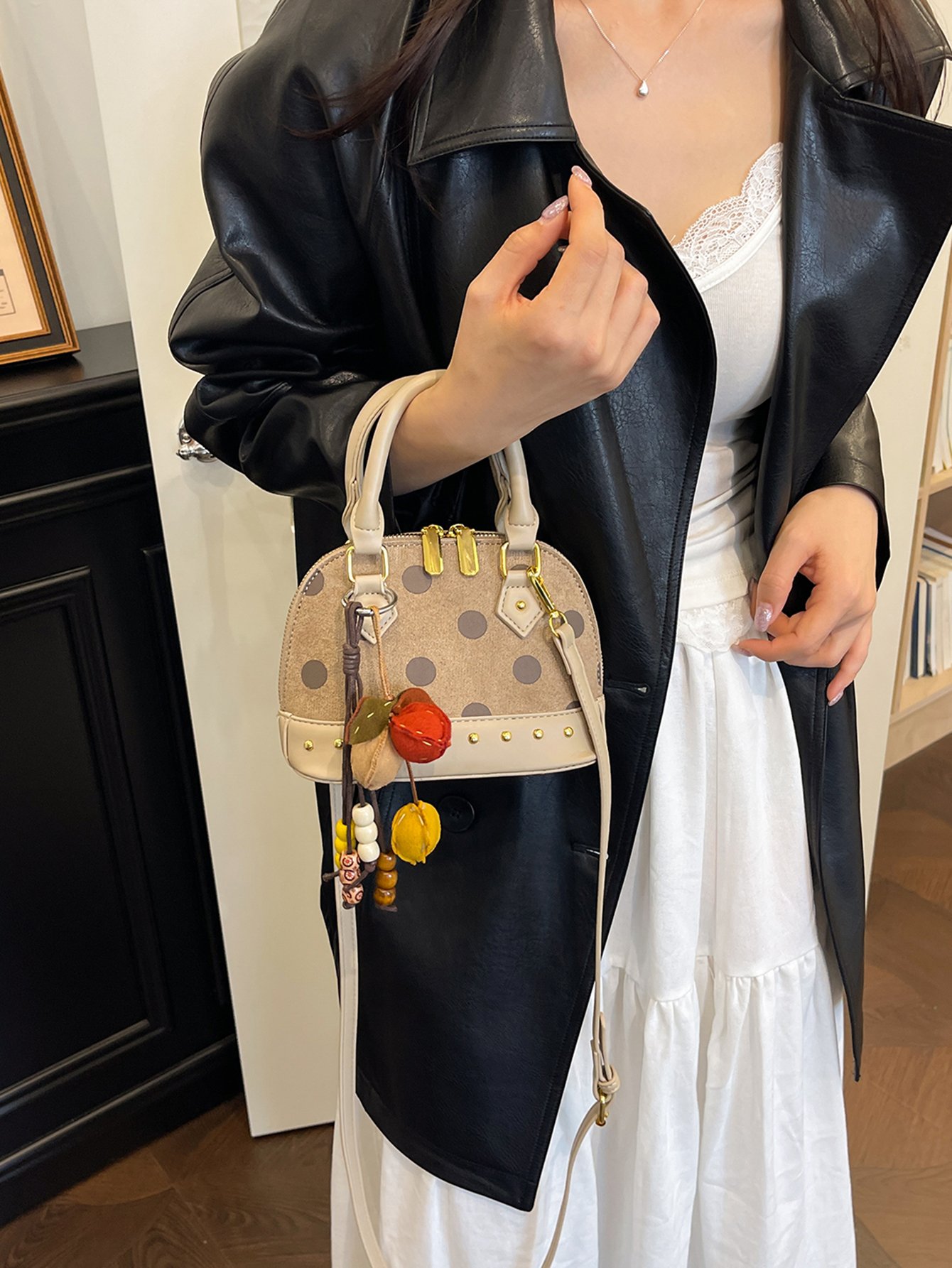 Beige Polka Dot Crossbody Bag with Charm