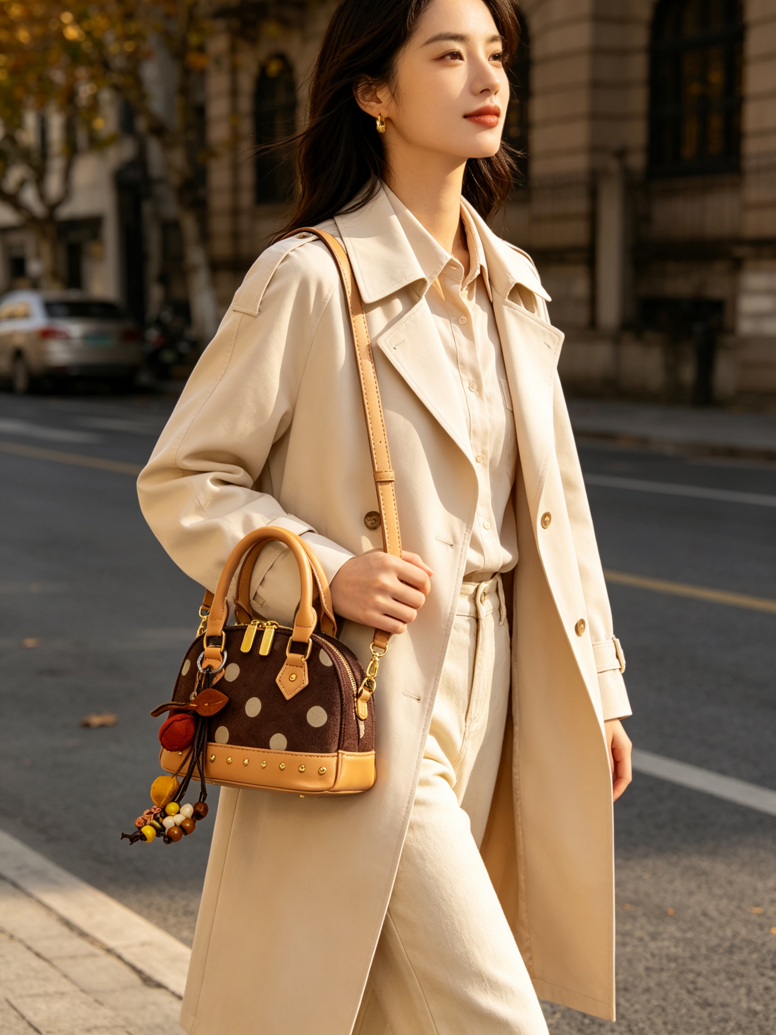 Khaki Polka Dot Crossbody Bag with Charm