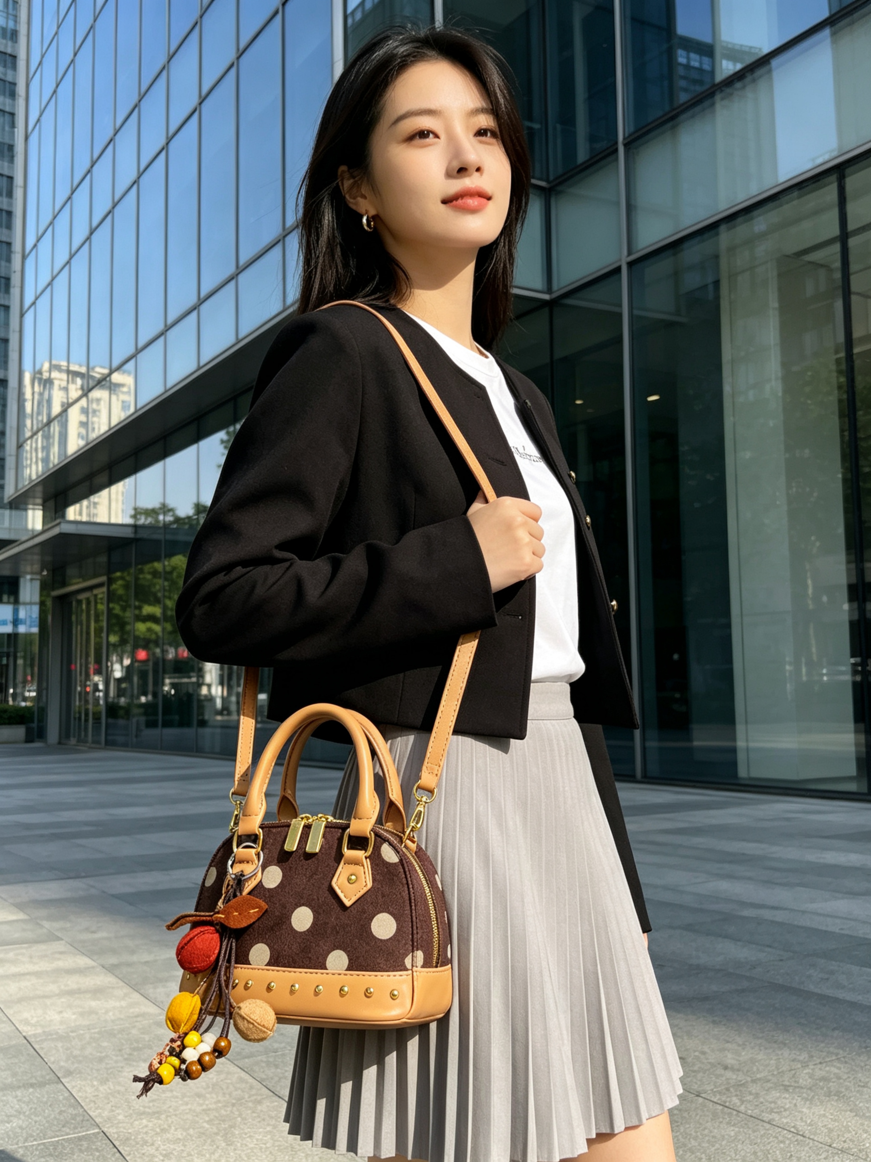 Khaki Polka Dot Crossbody Bag with Charm