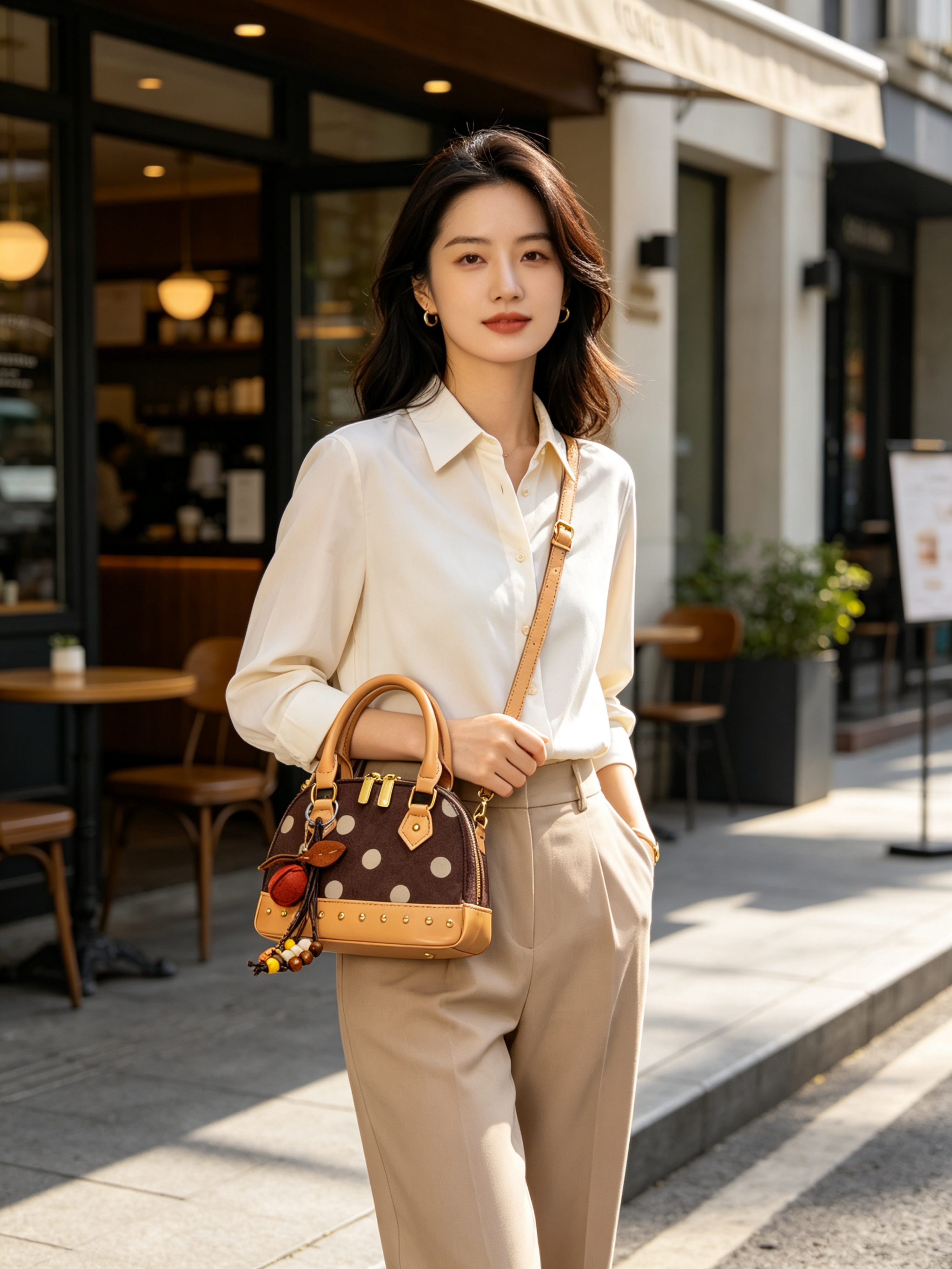 Khaki Polka Dot Crossbody Bag with Charm