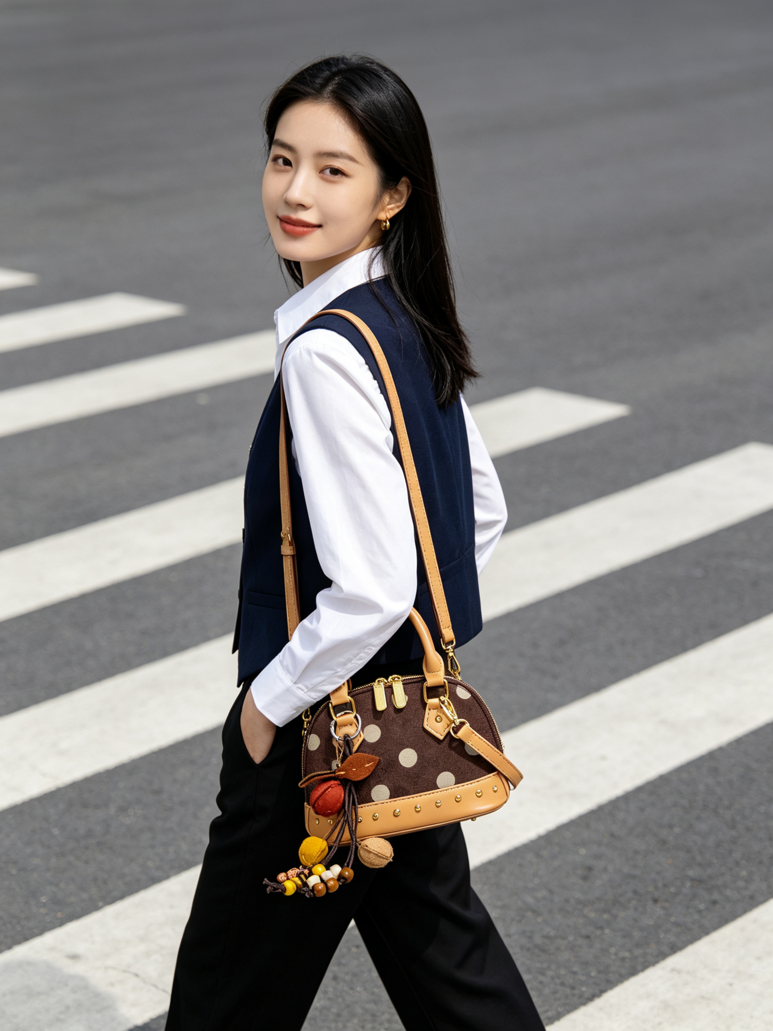 Khaki Polka Dot Crossbody Bag with Charm