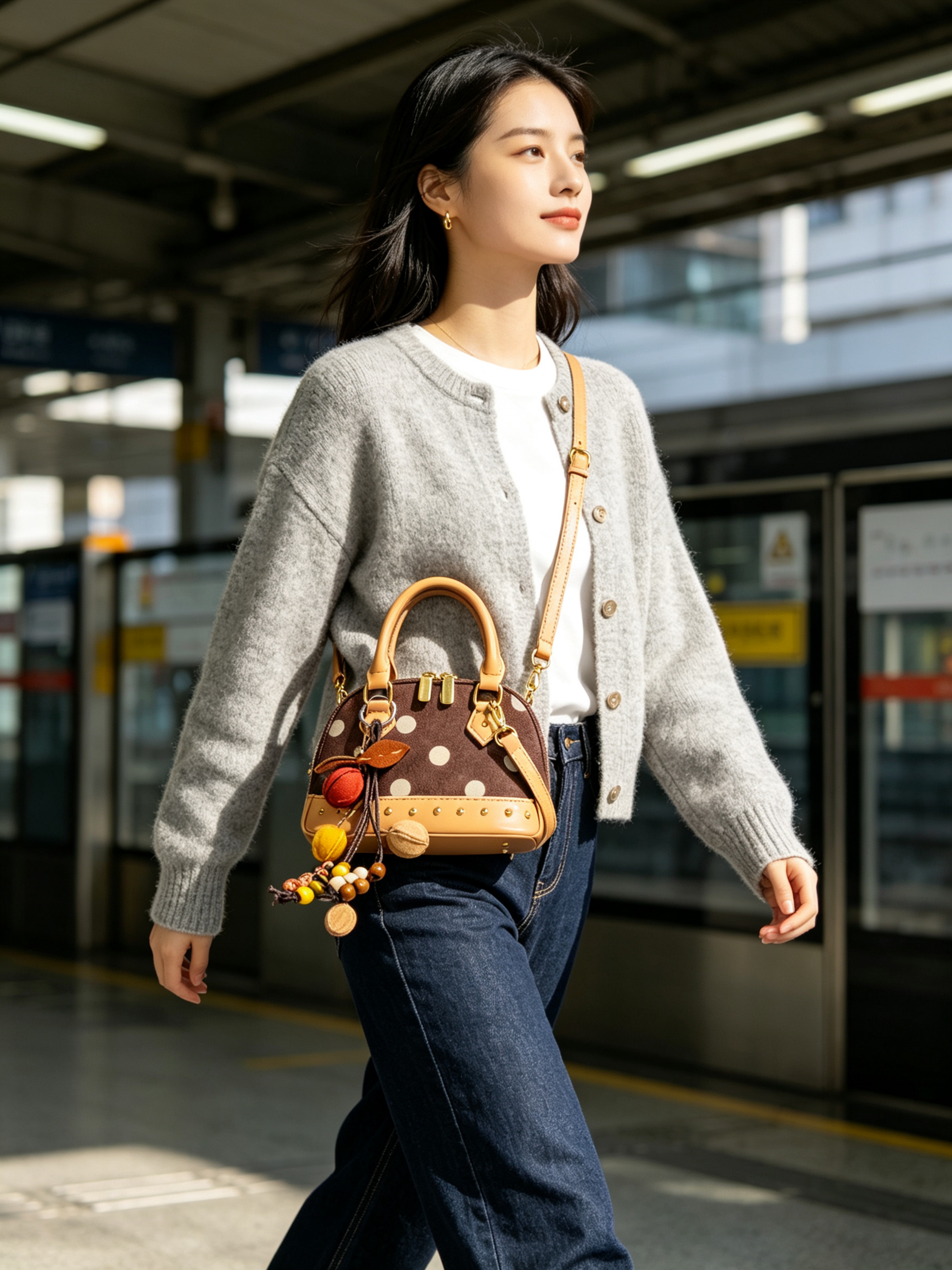 Khaki Polka Dot Crossbody Bag with Charm