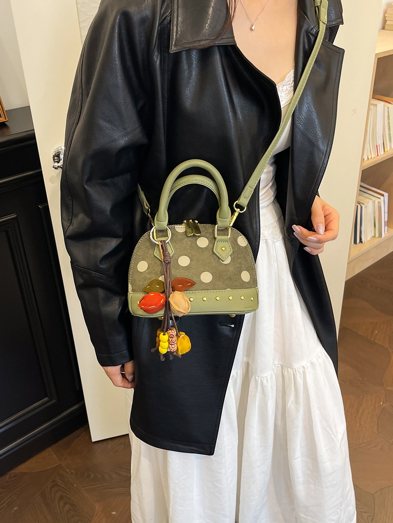Green Polka Dot Crossbody Bag with Charm