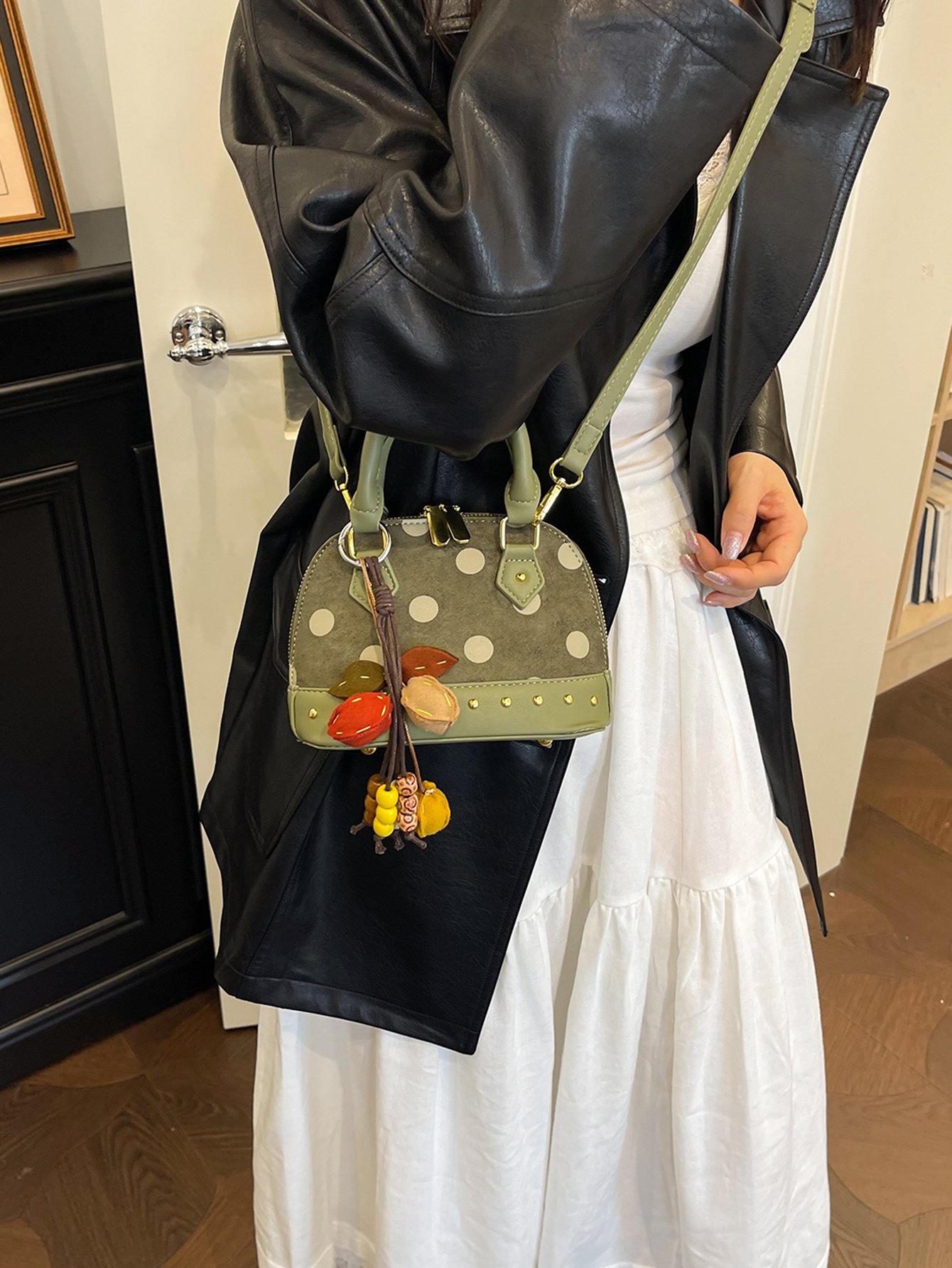 Green Polka Dot Crossbody Bag with Charm