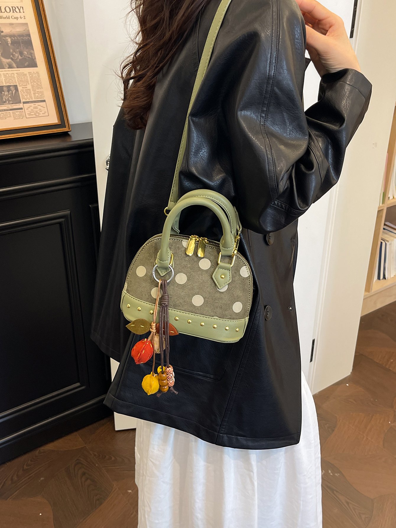 Green Polka Dot Crossbody Bag with Charm