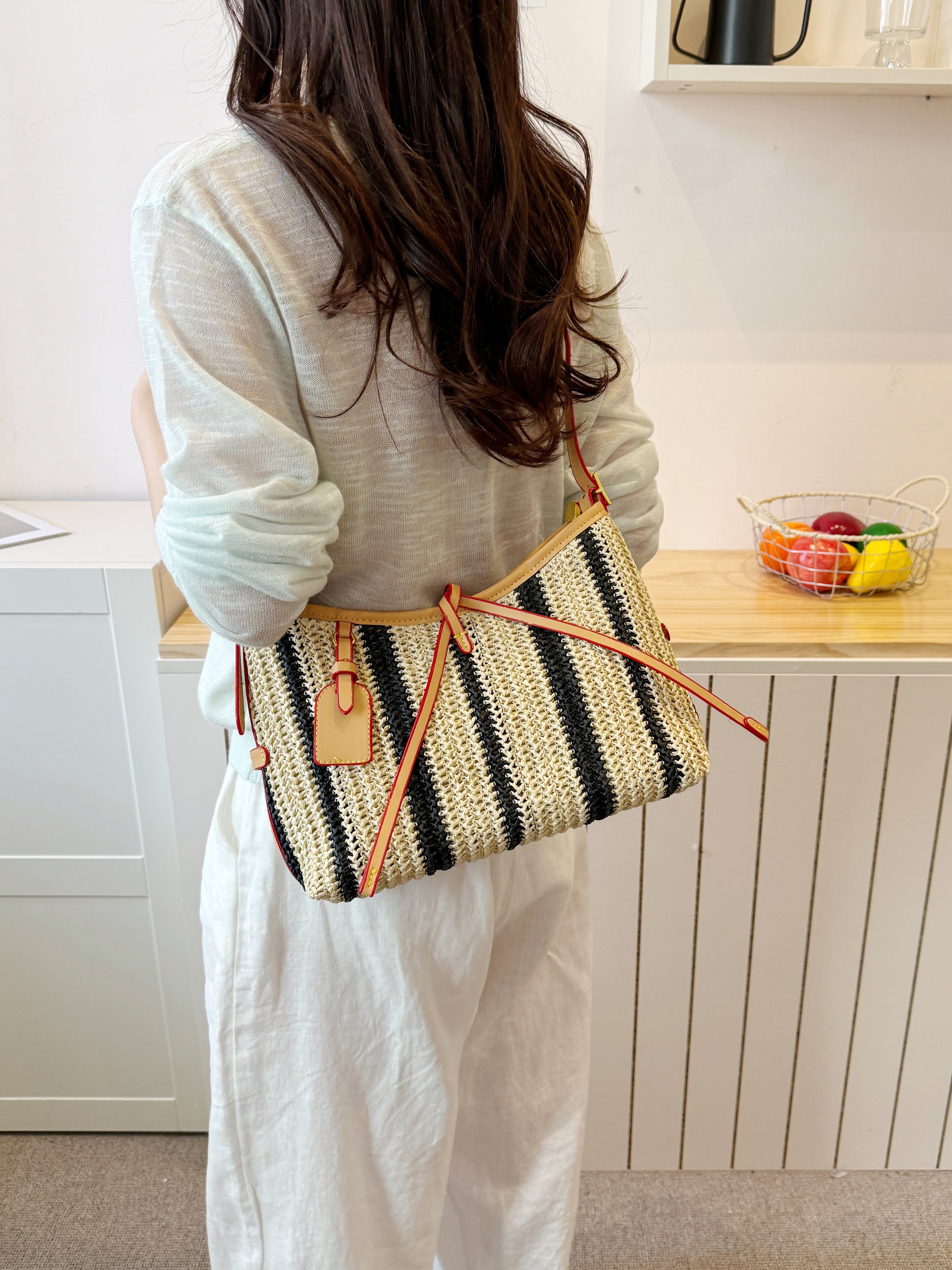 Striped Straw Shoulder Bag