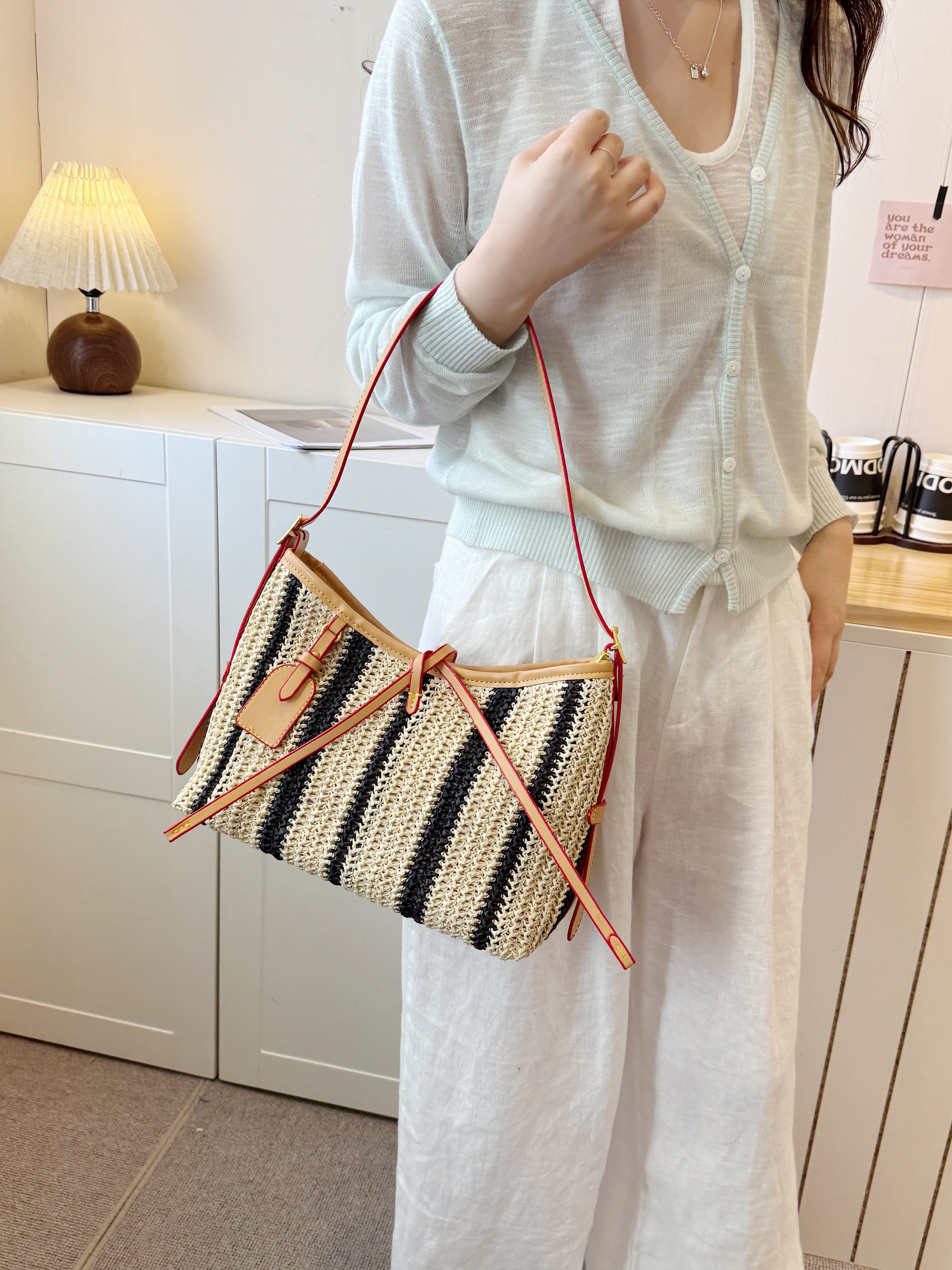 Striped Straw Shoulder Bag