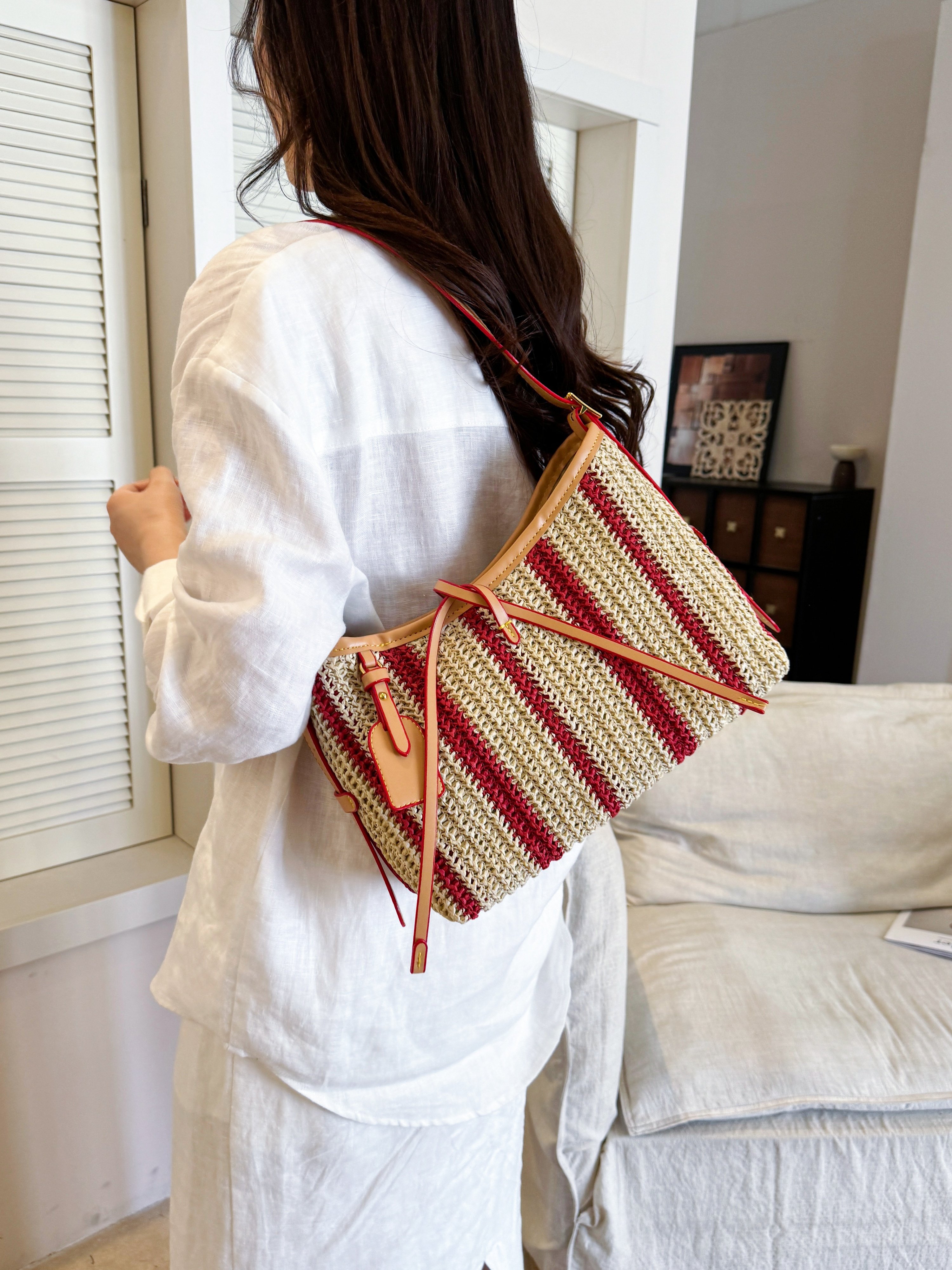 Red and Beige Striped Straw Shoulder Bag
