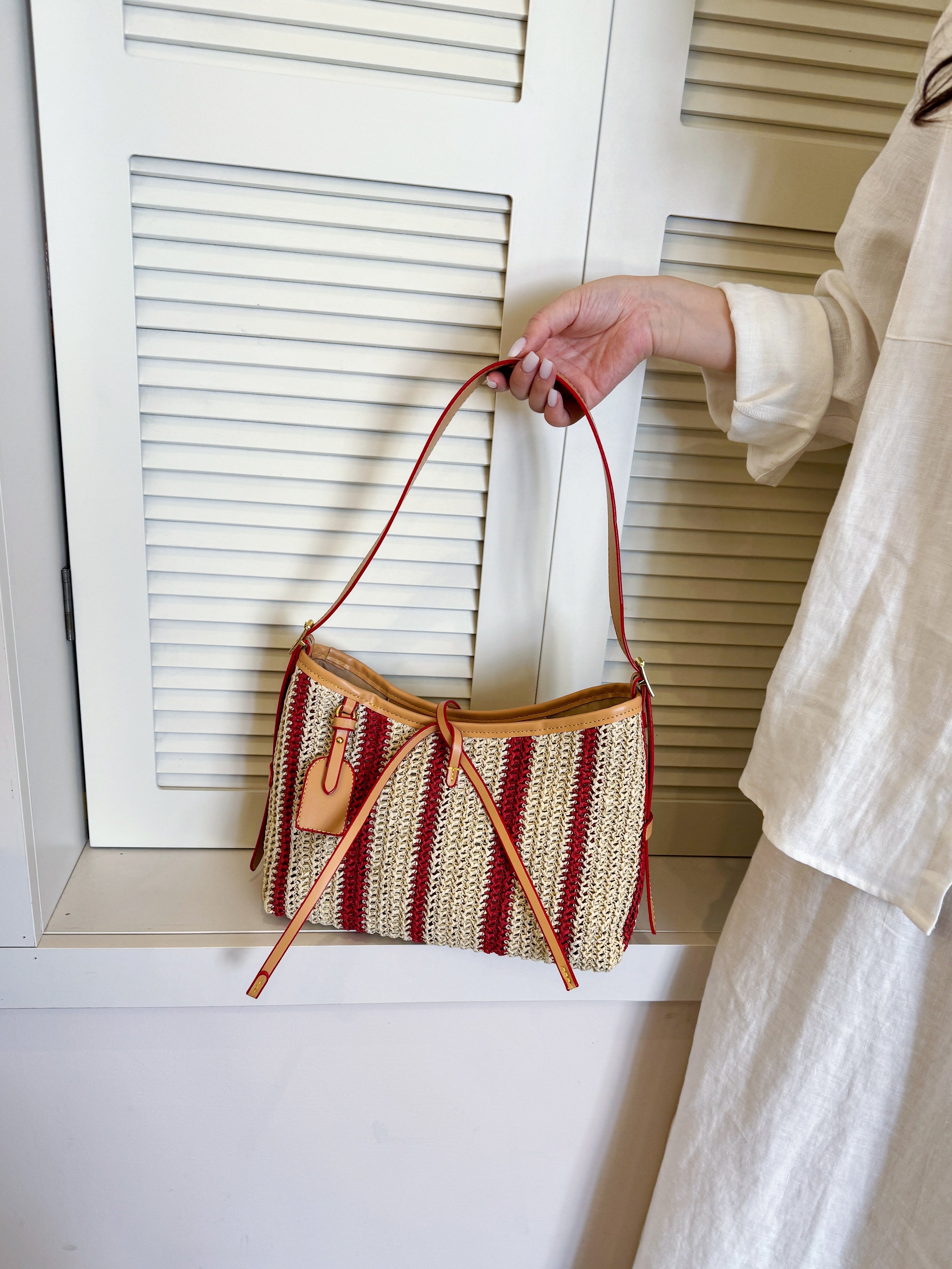 Red and Beige Striped Straw Shoulder Bag