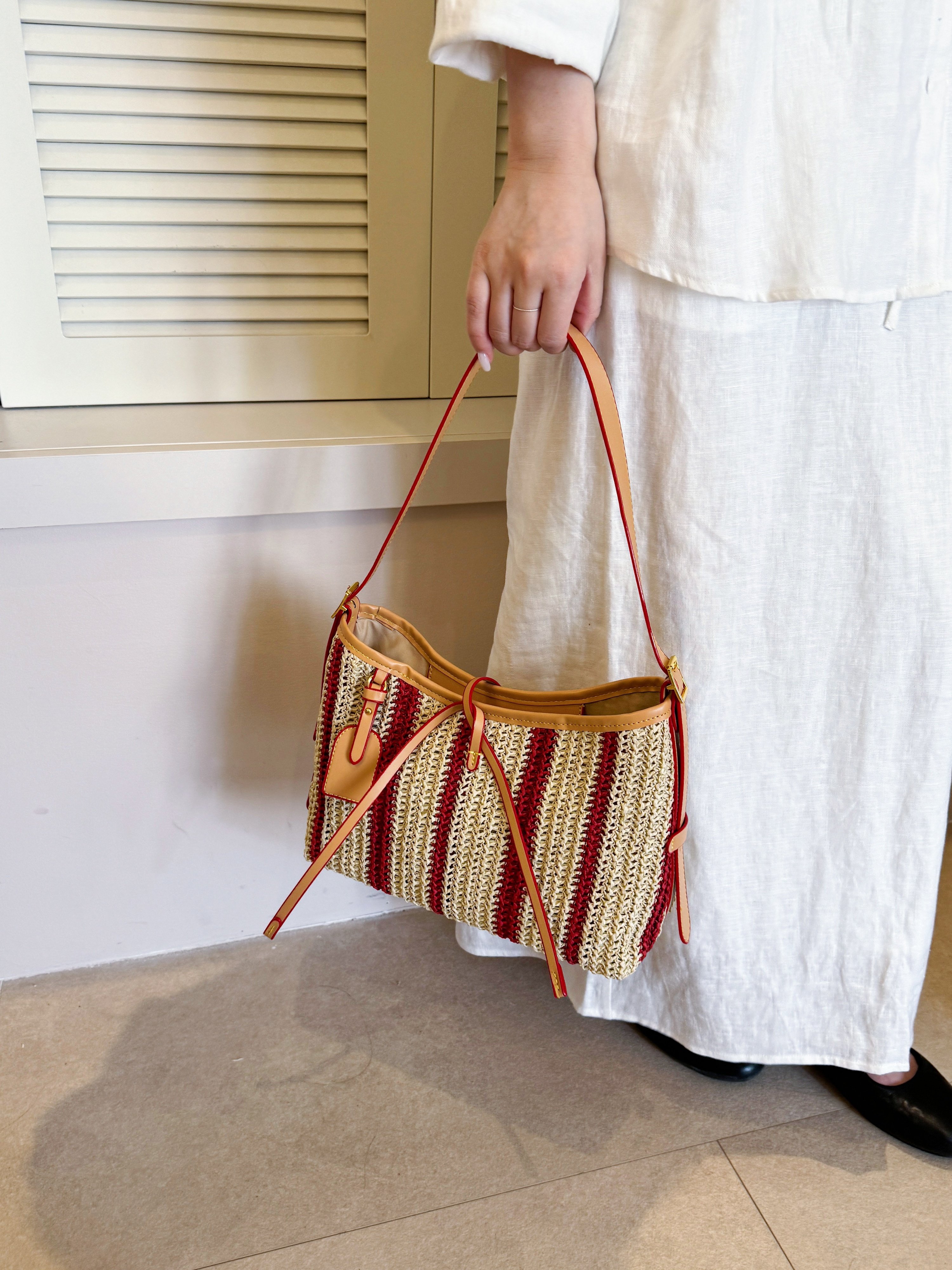 Red and Beige Striped Straw Shoulder Bag