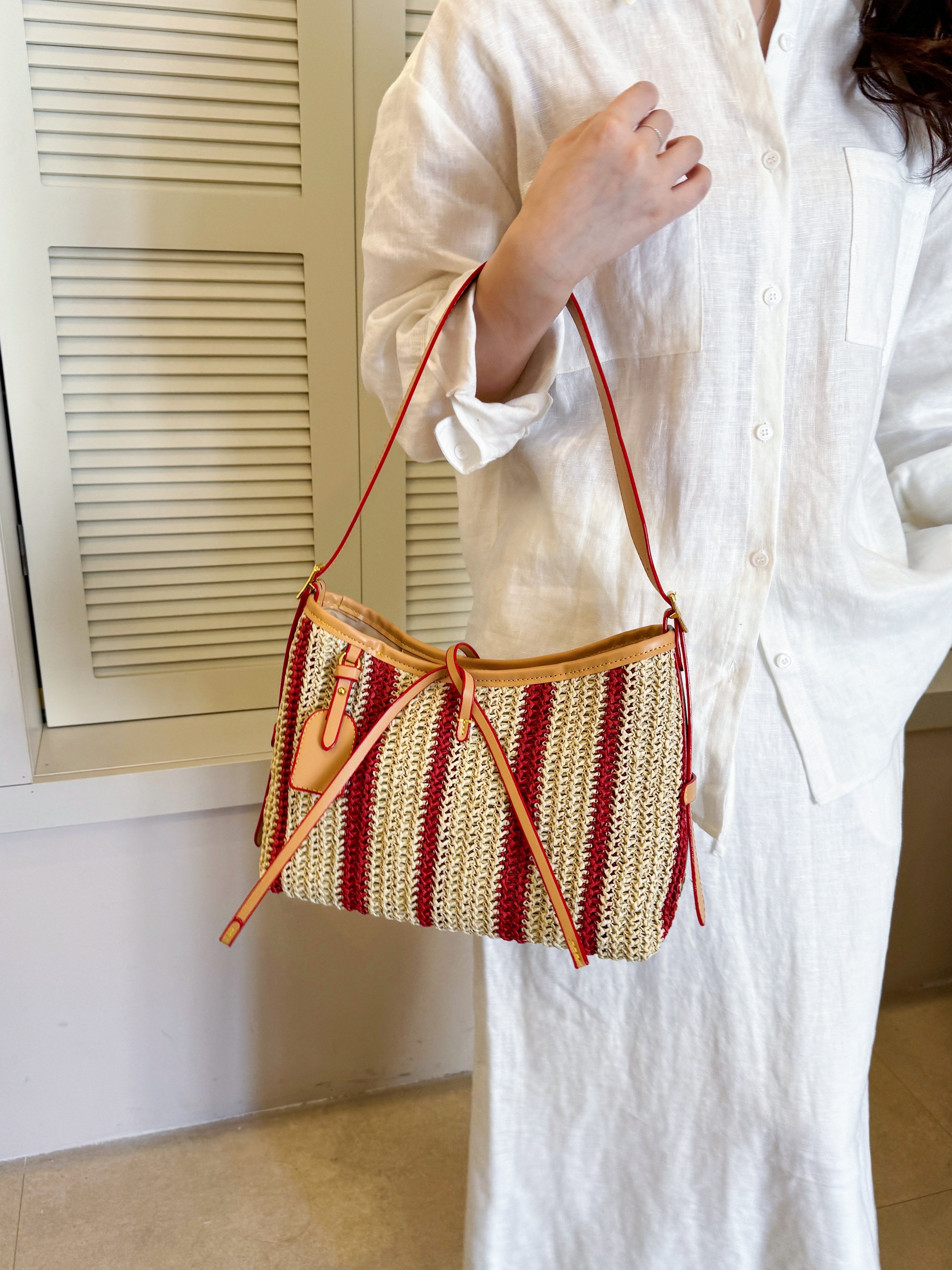 Red and Beige Striped Straw Shoulder Bag
