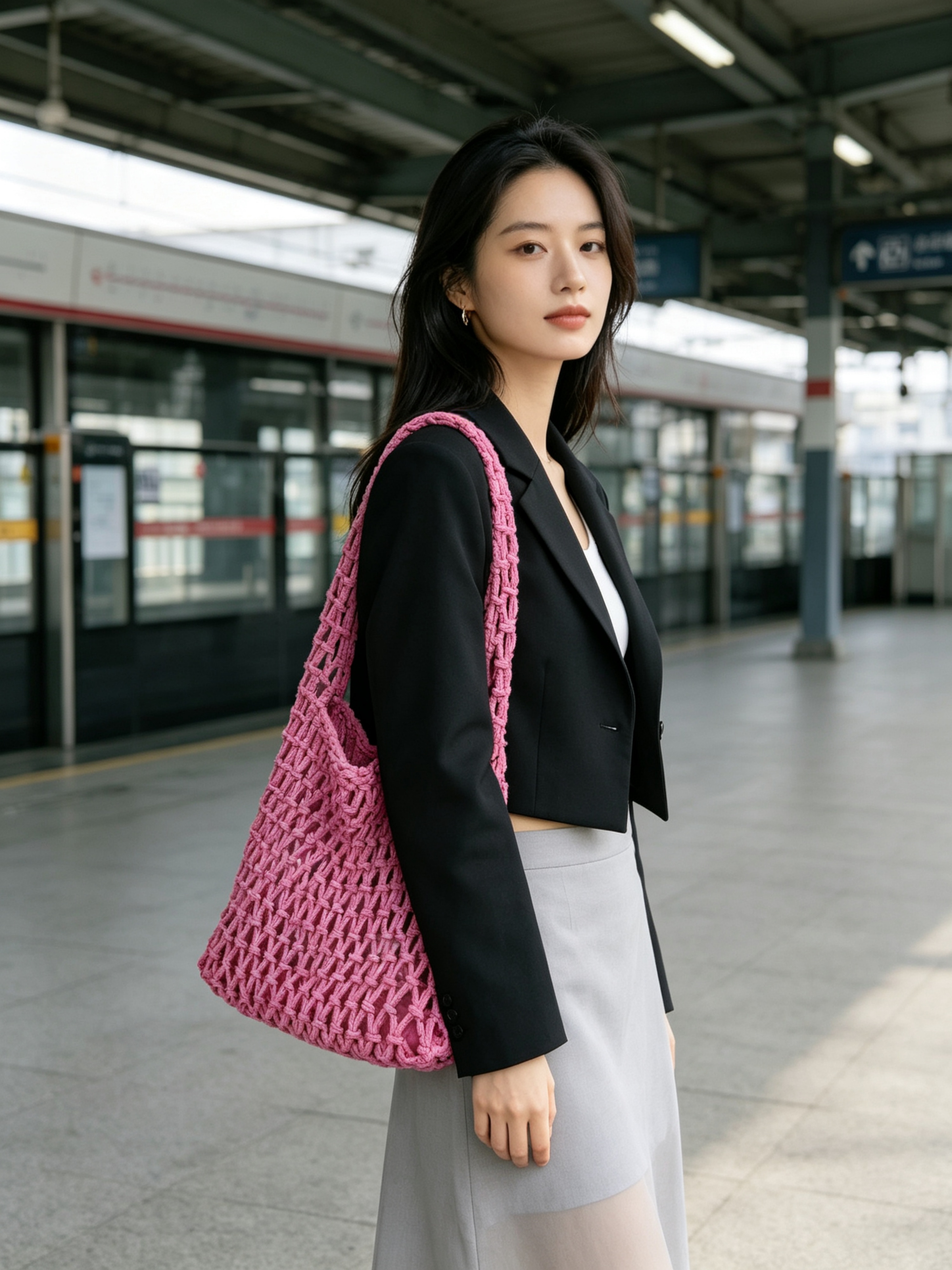 Pink Macrame Shoulder Bag