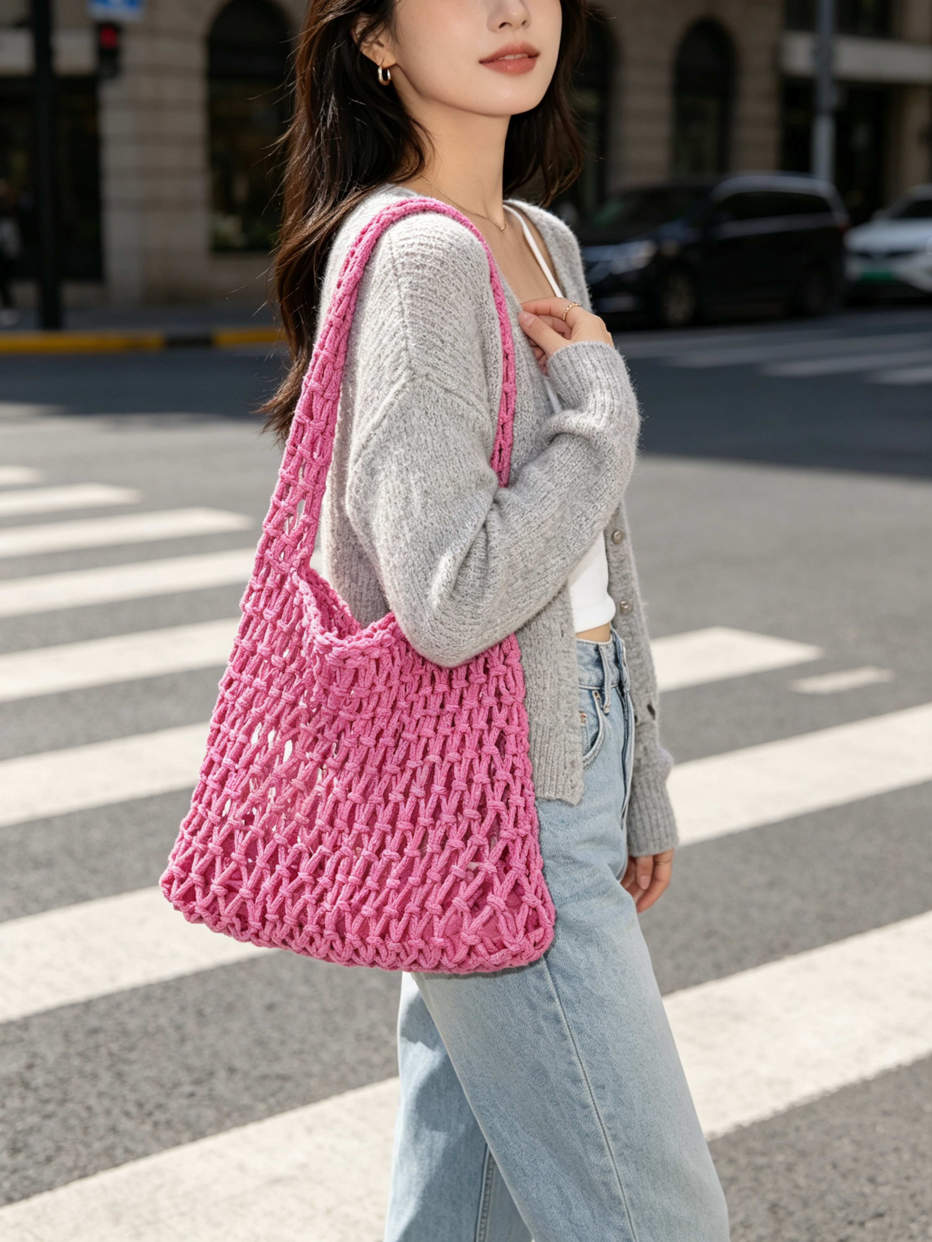 Pink Macrame Shoulder Bag