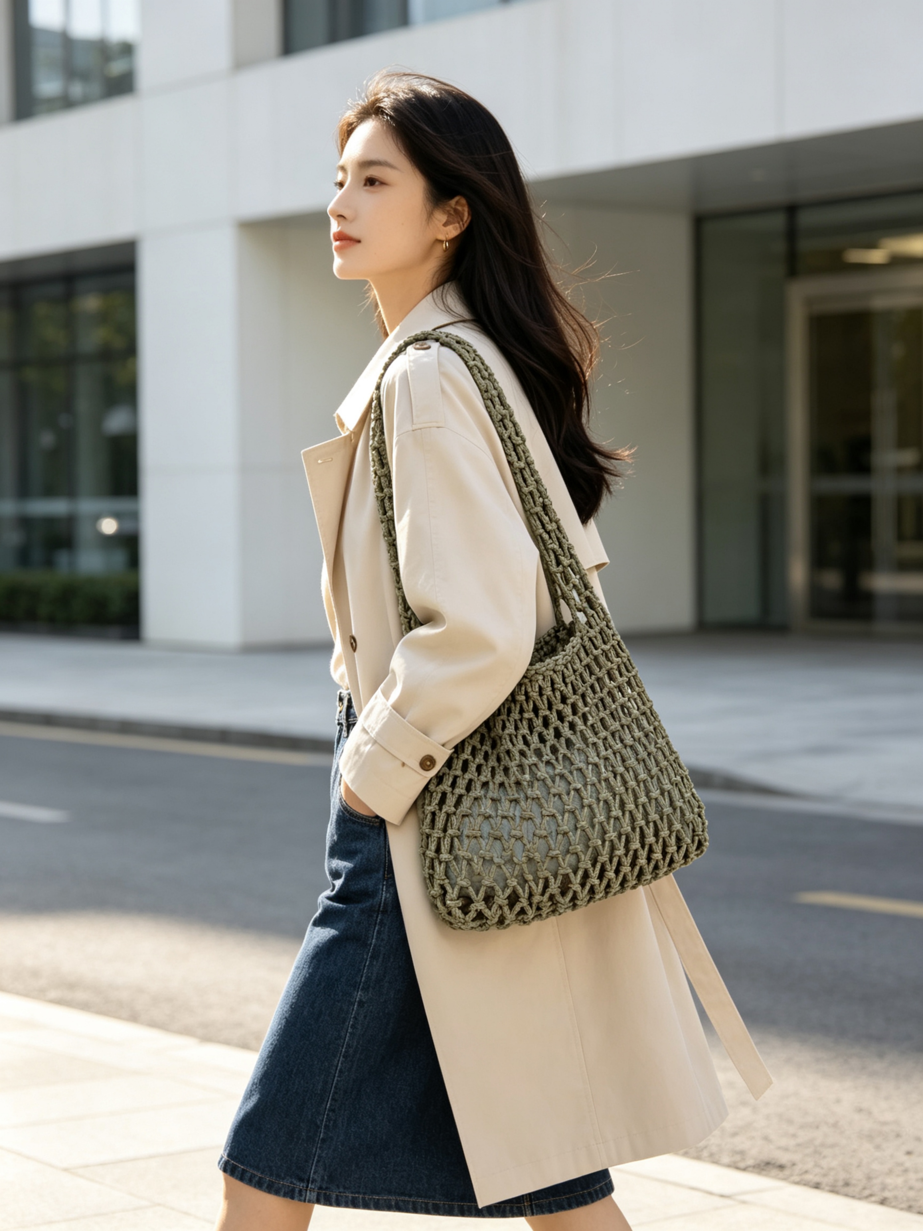Grey Macrame Shoulder Bag