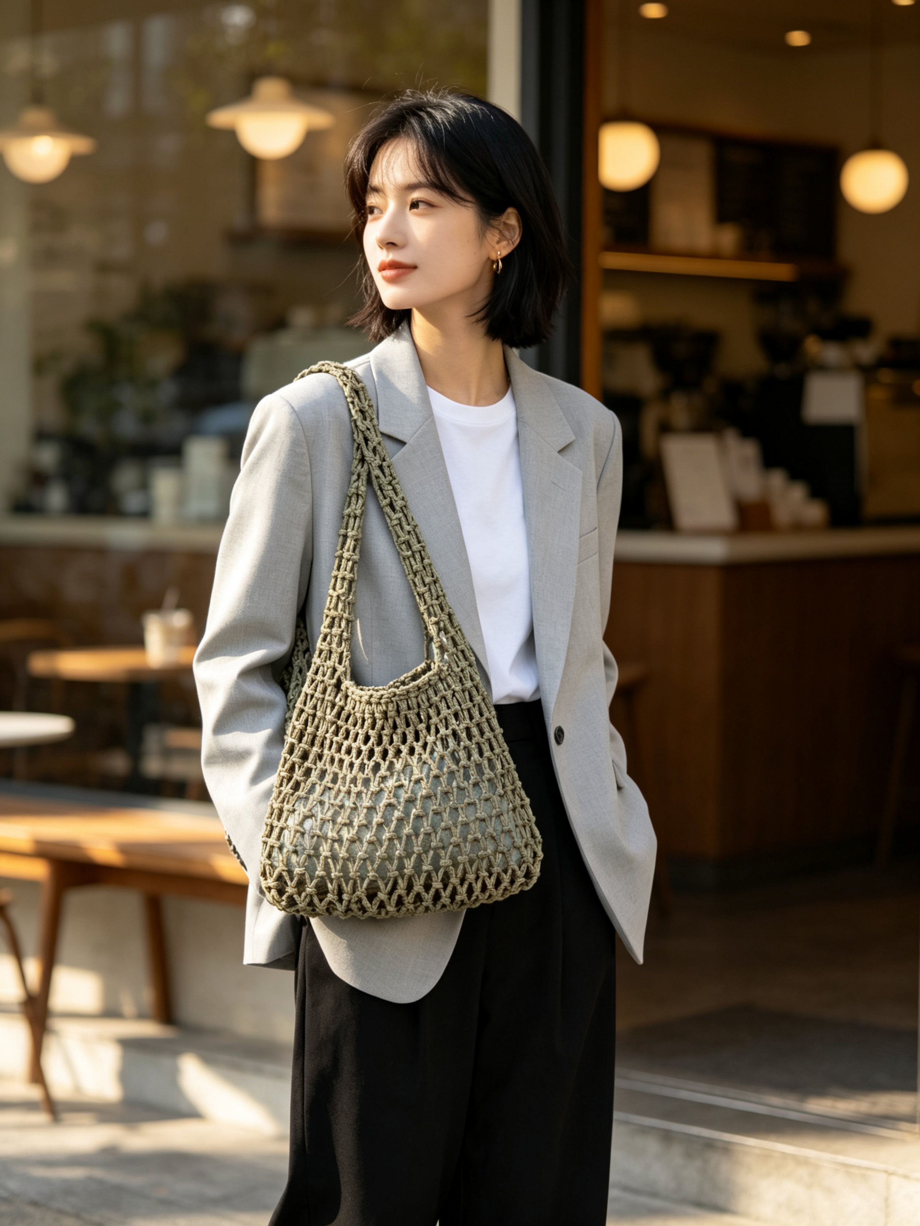 Grey Macrame Shoulder Bag
