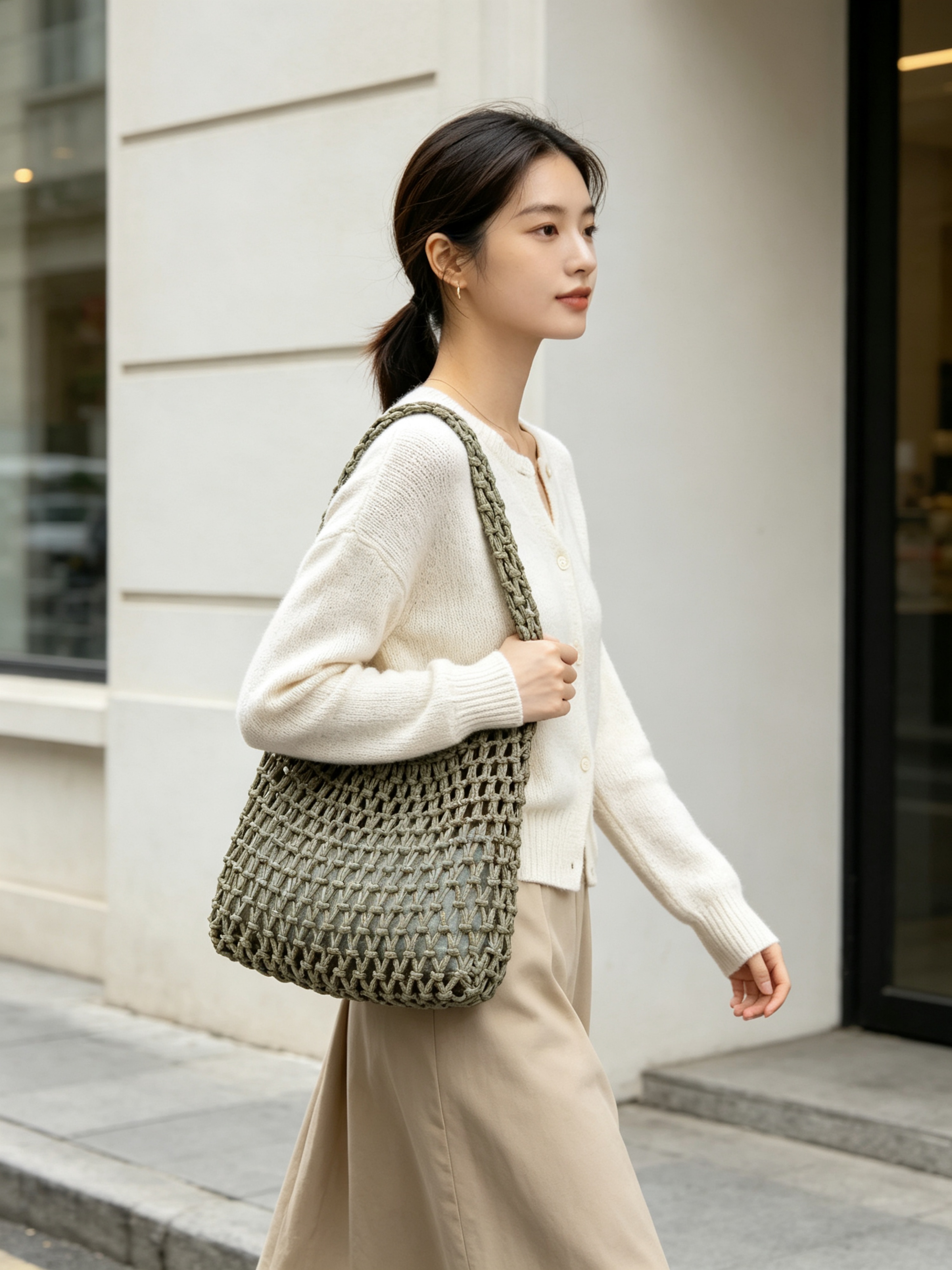 Grey Macrame Shoulder Bag